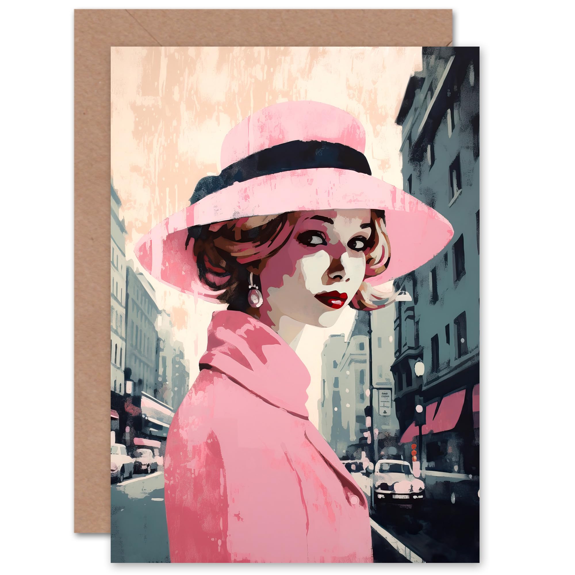 Artery8 Parisian in Pink Retro Fashion Chic for Wife Her Mum Sister Daughter Mom Gran Nan Birthday Thank You Congratulations Blank Art Greeting Card