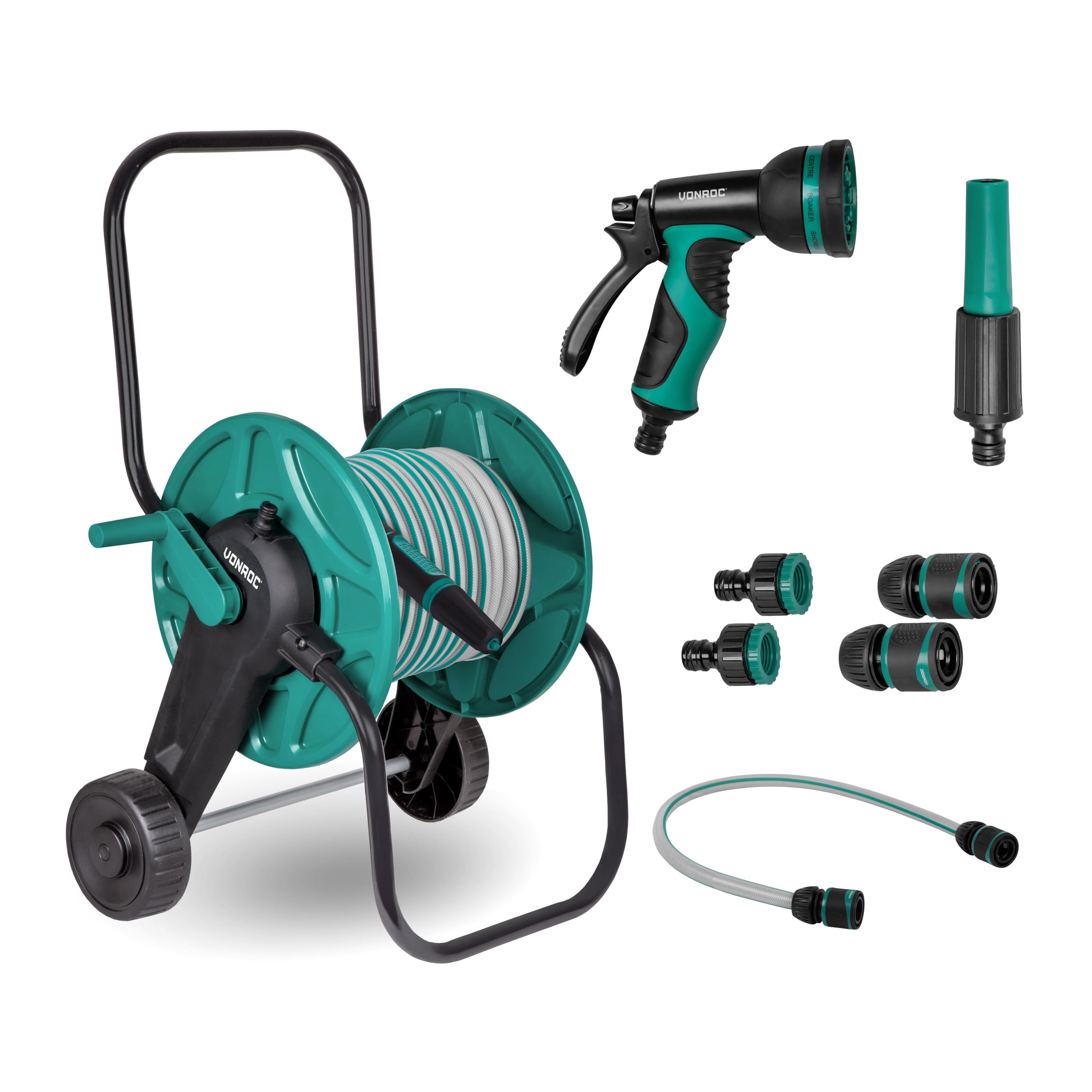VONROC Chariot Enrouleur Tuyau Arrosage - Raccord Tuyau et Robinet Inclus - Tuyau d'Arrosage 20 M, 3 Buses - Idéal pour Arroser Pelouse, Entretien Voiture ou Remplissage Piscine - Facile à Déplacer