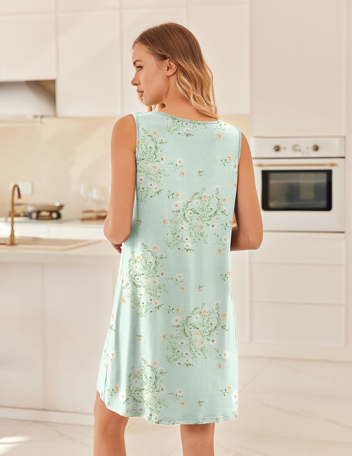 Ekouaer Cotton Nightgowns for Women Sleeveless Night Gown Tank Sleep Shirts Pleated Night Shirts V Neck Chemise - Image 6