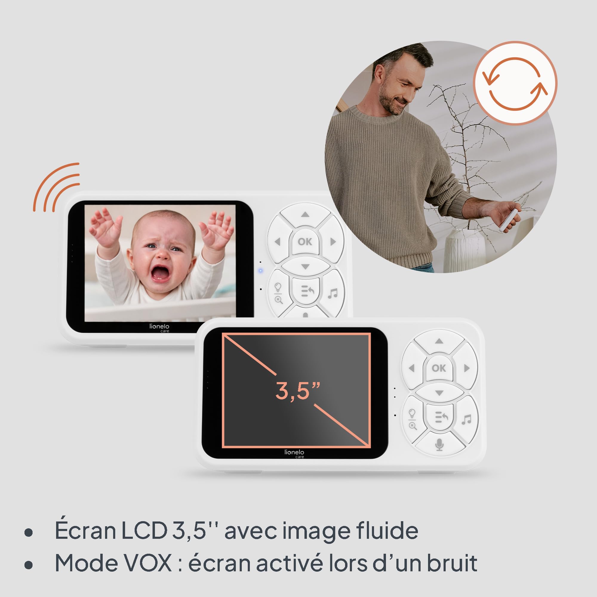 Lionelo Babyline 3.4 Babyphone Caméra Sans Wi-Fi, Écran 3,5" | Vision Nocturne 10 m, Audio 2 Voies, Zoom 4×, Veilleuse Multicolore, 6 Mélodies, Alertes Pleurs/Température, Portée 200 m