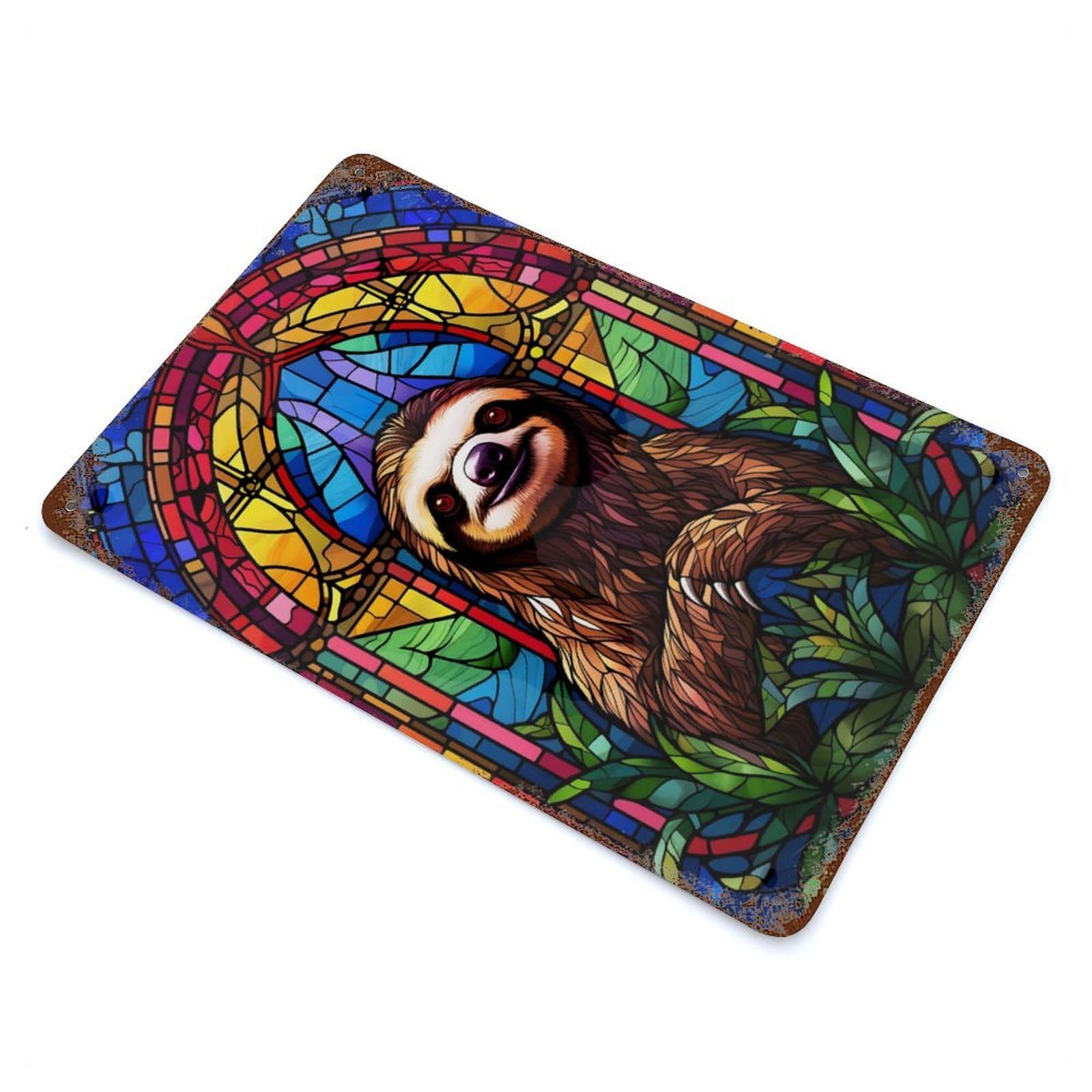 Sloth Stained Glass 11.8"x7.9" Aged Metal Wall Plaque, Retro Wall Decor for Farmhouse, Kitchen And Entryway Decor