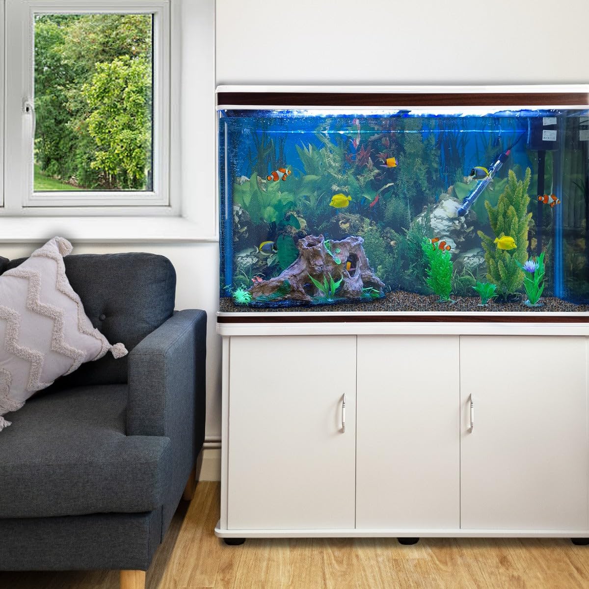 Aquarium Starter Komplettset mit passendem Unterschrank, Kies und Aquarium-Hintergrund - 143.5cm H x 120.5cm B x 39cm T