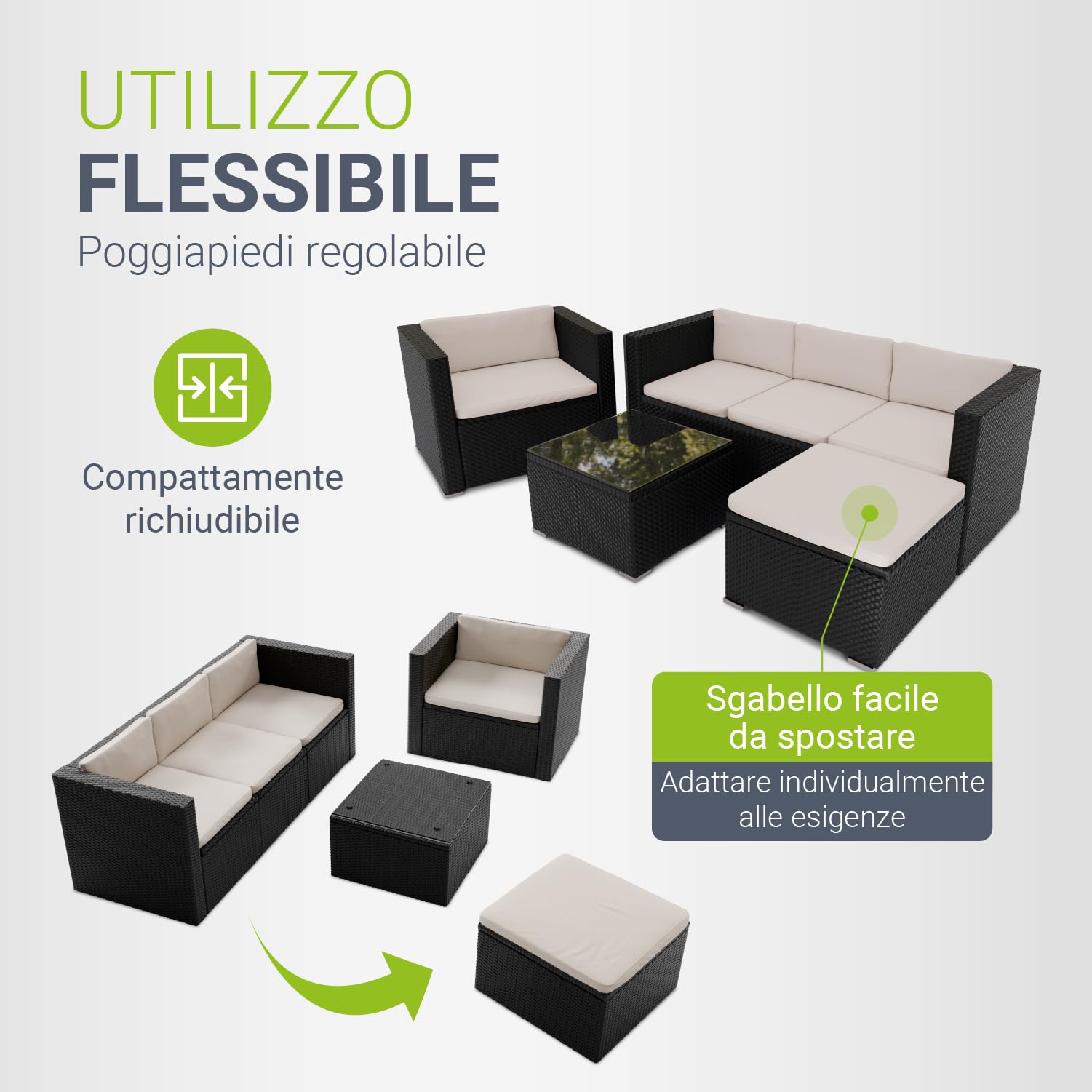 Juskys Lounge in polyrattan Punta Cana L resistente alle intemperie con divano, poltrona, sgabello, tavolo e cuscini - 4-5 persone - set di mobili da giardino lounge nero/crema