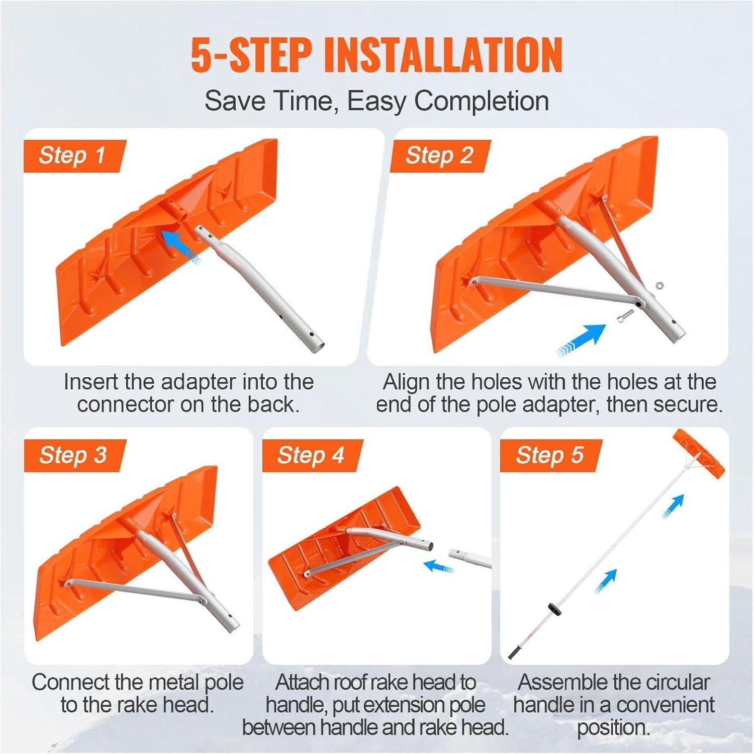 Snow Roof Rake 21ft Reach, 25" Plastic Blade Snow Removal Tool, Aluminum Handle, Anti-Slip Grip - House Roof, Car, Wet Leaves
