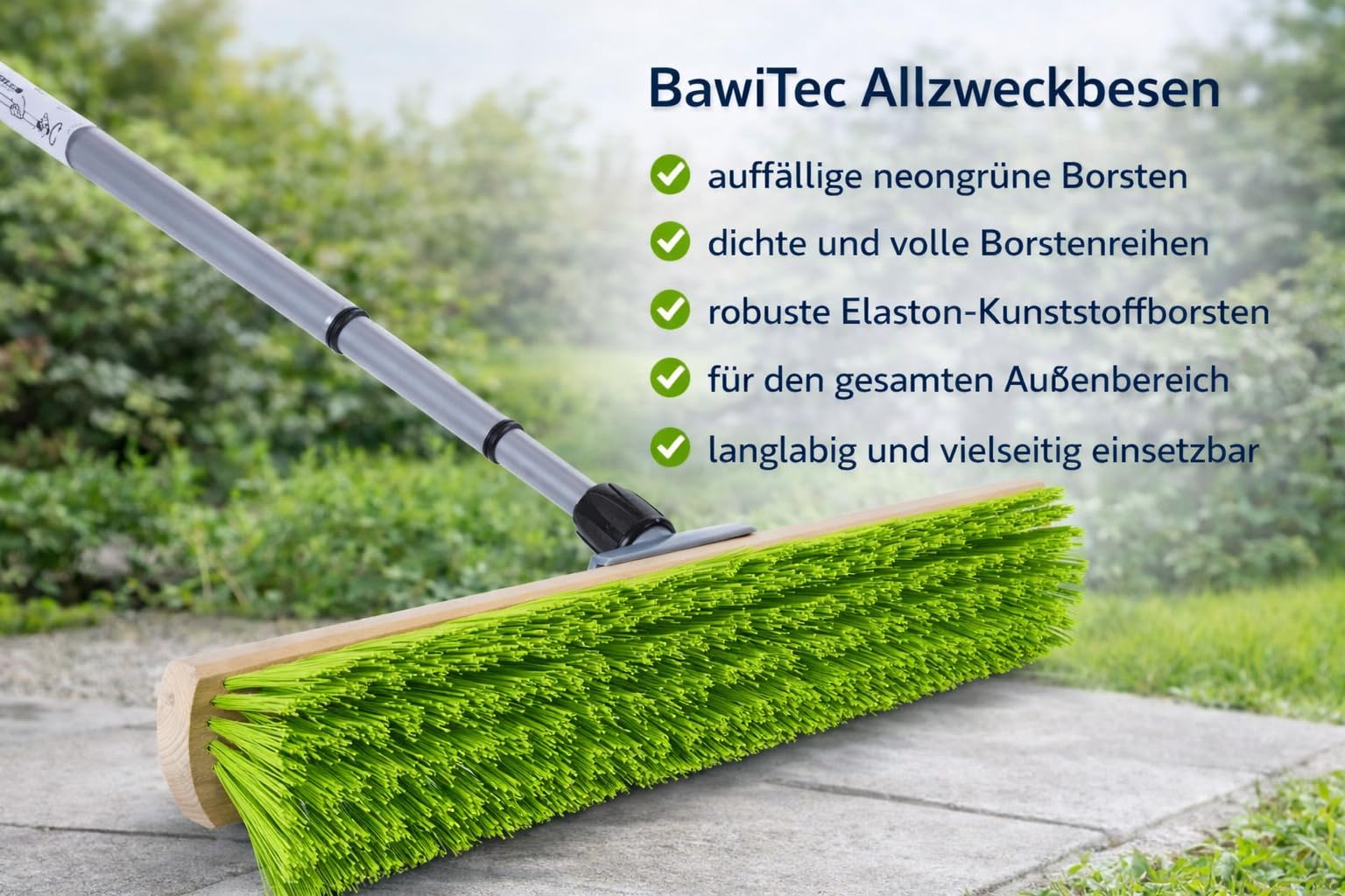 Profi Gartenbesen Besen 40cm mit Teleskopstiel Stiel neon-grüne Borsten | Formstabile und Robuste Elaston-Borsten, Neon-Grün, Straßenbesen für Garten, Haus und Hof