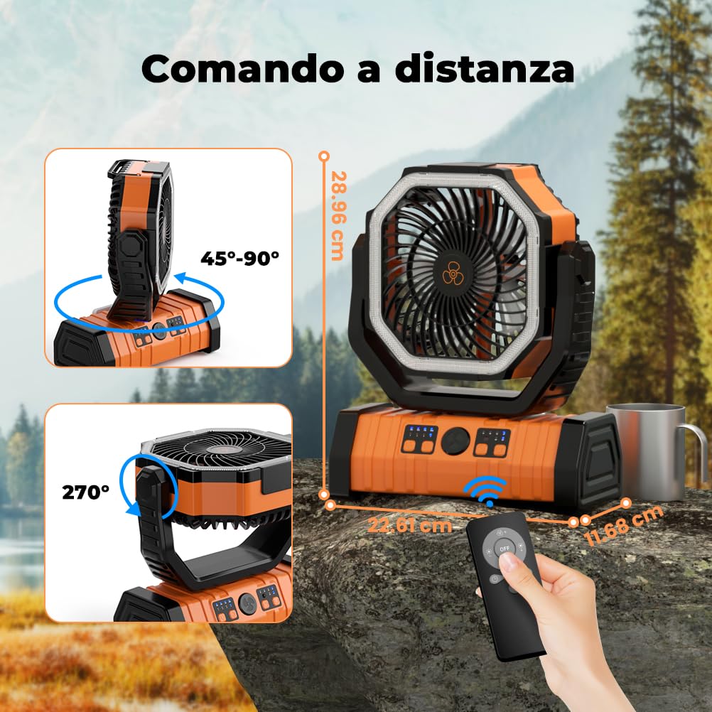 Ventilatore da Campeggio 20000mAh, Ventilatore Portatile Ricaricabile con Luce LED e Telecomando, 4 Velocità Regolabili con Gancio 360° per Tenda, Viaggi