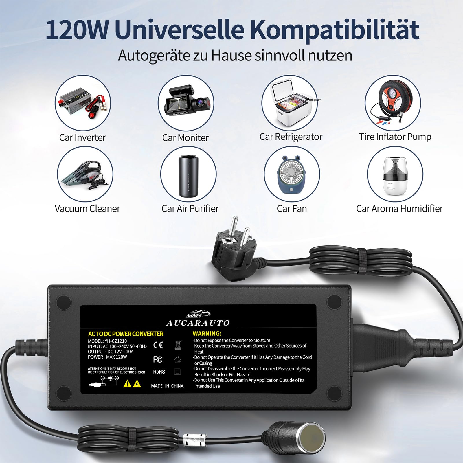 Spannungswandler 230V auf 12V, 120W/10A/2.65M KFZ Netzadapter mit Zigarettenzünder auf Steckdose, Adapter für Kühlbox Reifenfüller, Autostaubsauger und andere Autogeräte C10