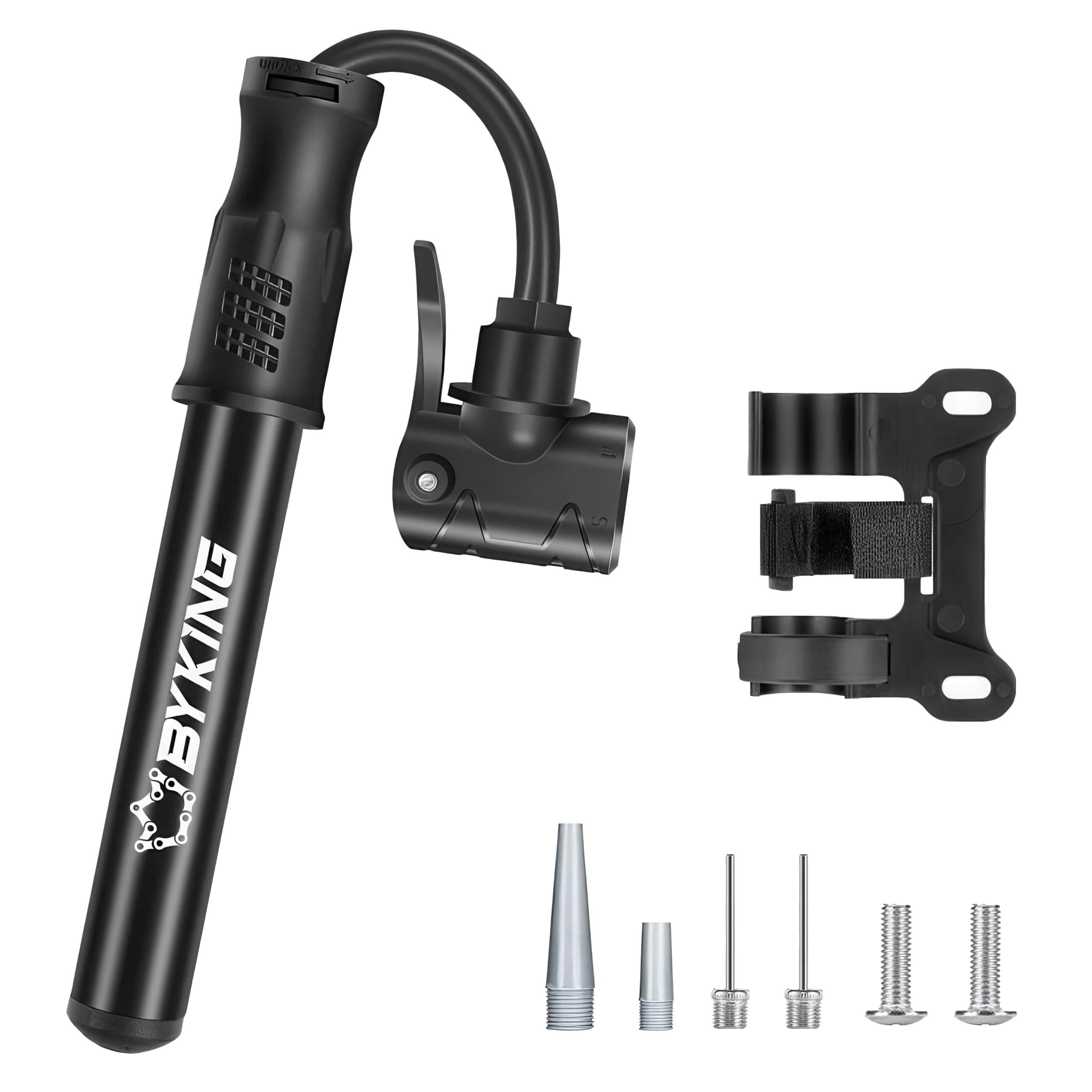 BYKING Portable Bike Pump, Air Pump for Bicycle, Balloon, Tyres, Ball, Airbed and Toys Inflatables, Cycle Pump with Presta. Schrader and Dunlop valve, Attachment (Football Pump Needle and More)