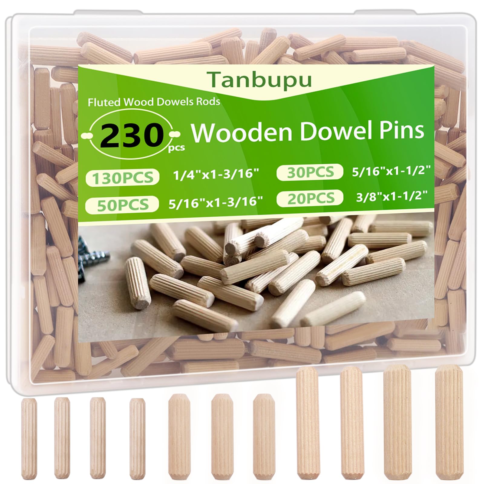 230Pcs Wooden Dowels Assorted M6 M8 M10 Fluted Wood Dowels Rods Grooved Plugs Hard Wood Crafts Dowel Pegs Woodwork Pin for Crafts, Furniture, DIY Manual,Carpentry (3/8 + 5/16 + 1/4in)