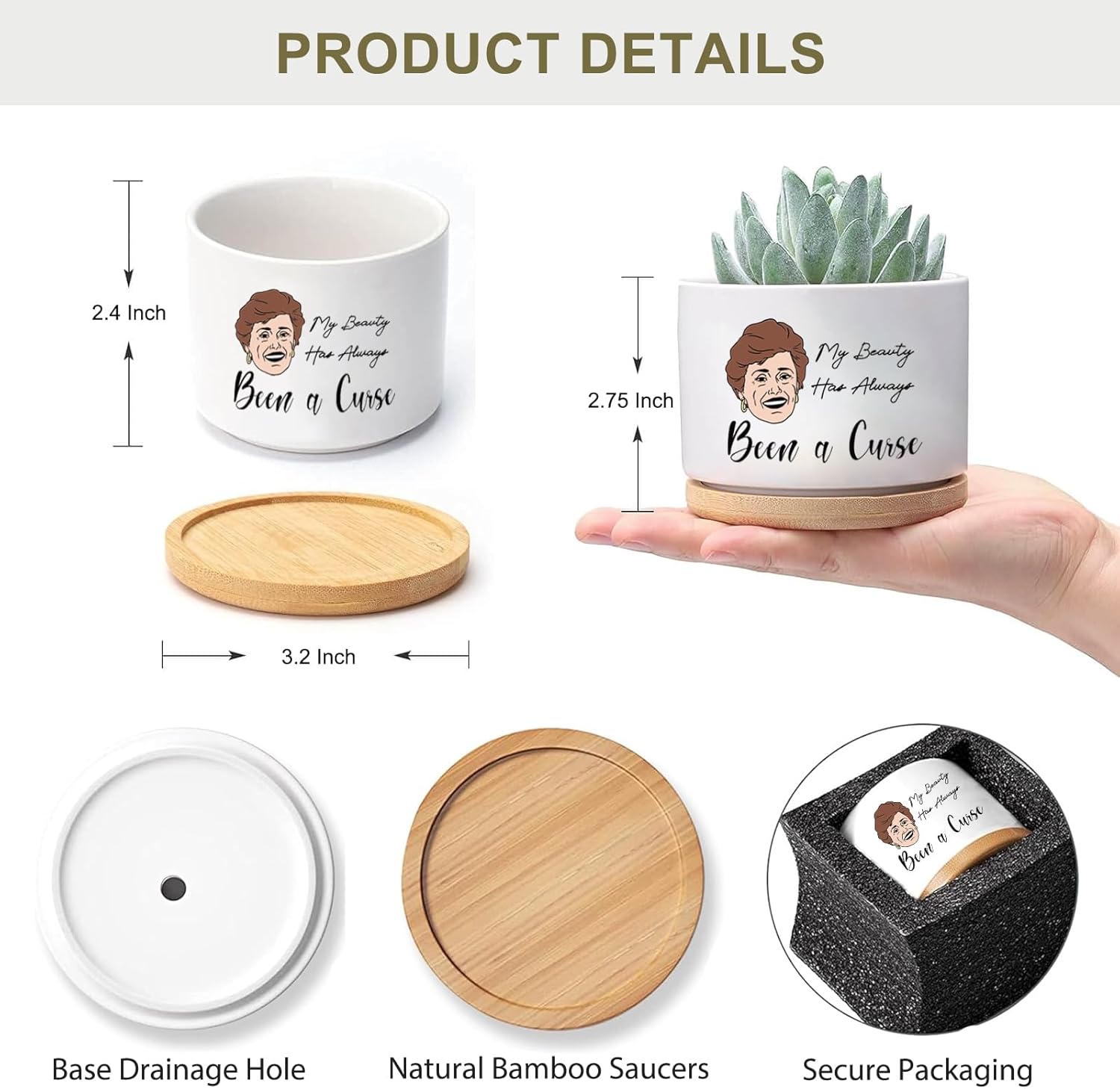 Mikopei Golden Girls Merchandise - Funny Succulent Pots Set of 4, Golden Girls Gifts for Women, Ceramic Mini Cute Planters with Bamboo Tray for Office Desk Indoor Decorations