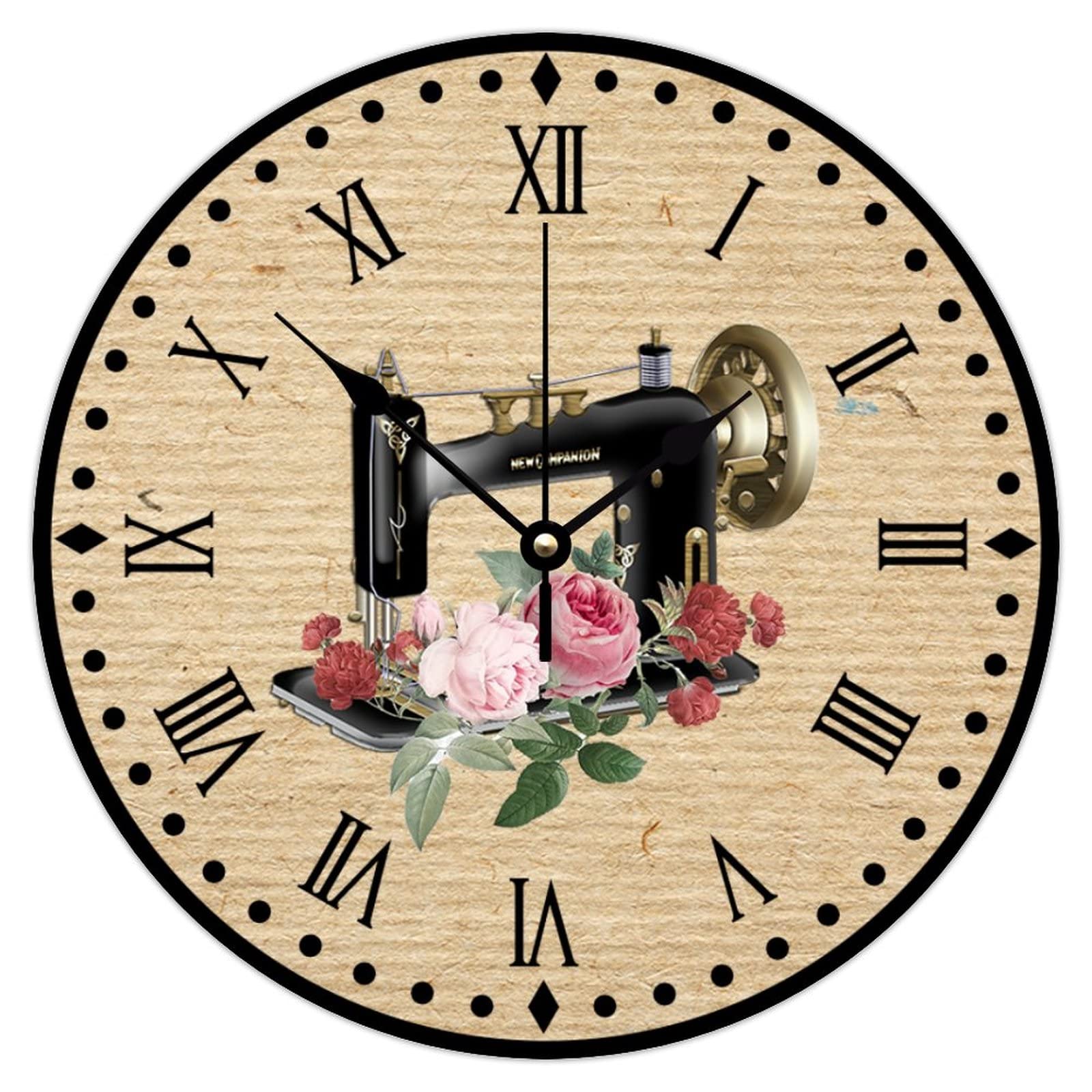 Wooden Wall Clock Battery Operated Non Ticking Sewing Machine Rose Rustic Wall Clocks Sewing Nook Craft Room Home Decoration for Washroom Kids Room Cabin 10 Inch