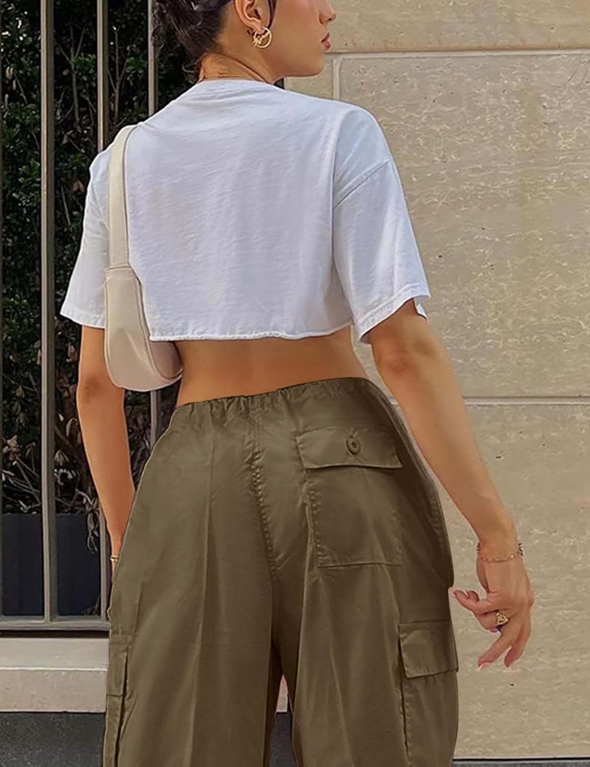 Women's Parachute Pants Drawstring Elastic Waist Sweatpants Baggy Y2K Cargo Pants with Pockets