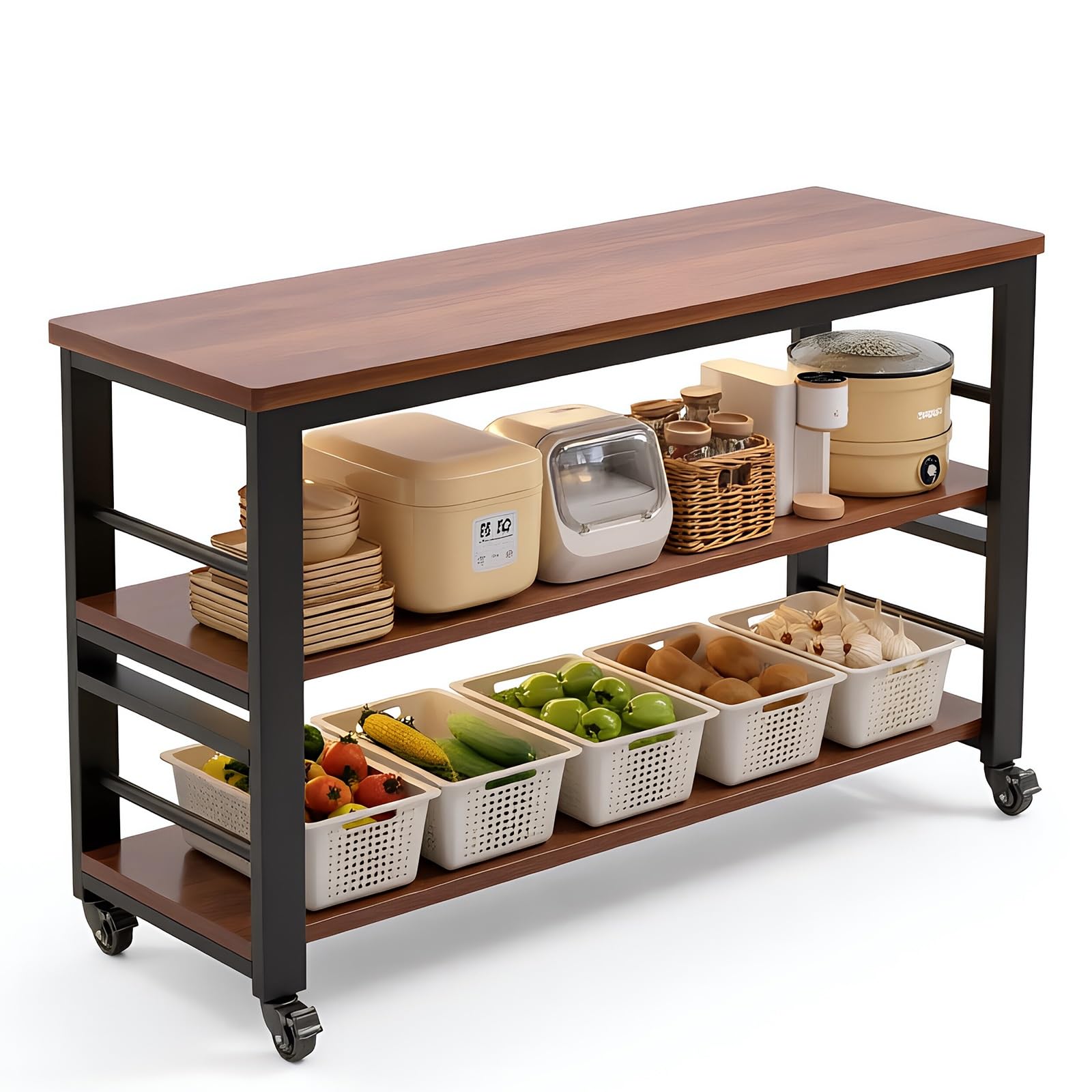 Mobile contenitore per cucina ad isola Carrello con rotelle for isola da cucina piano in legno carrello portaoggetti mobile struttura in metallo(Grande)