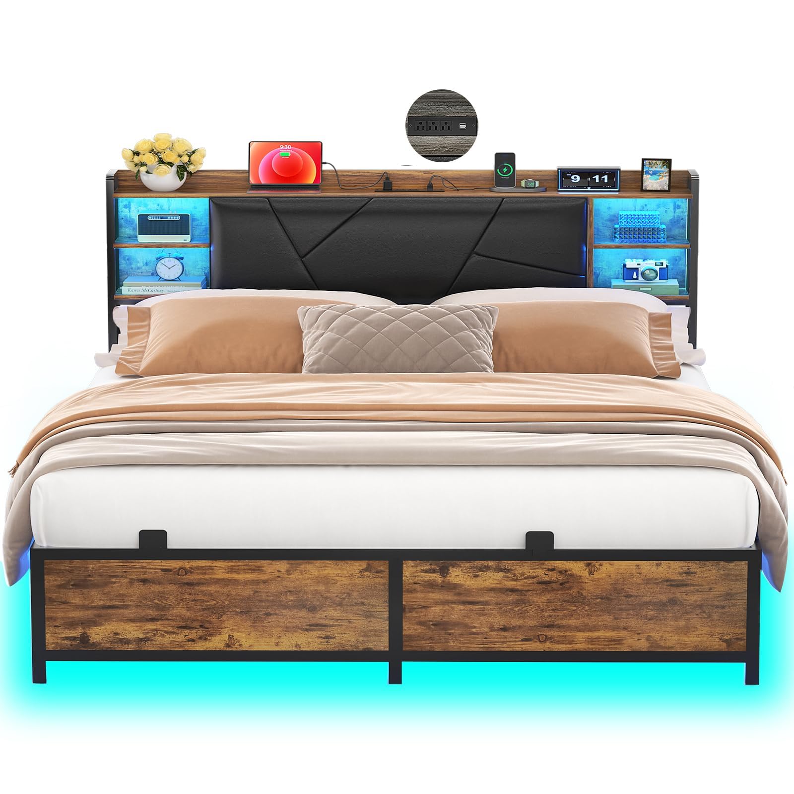 Unikito Cool Queen Size Bed Frame with RGB LED Lights and Power Outlets, Sturdy Platform Bed with Storage Upholstered Headboard, Strong Metal Slats,
