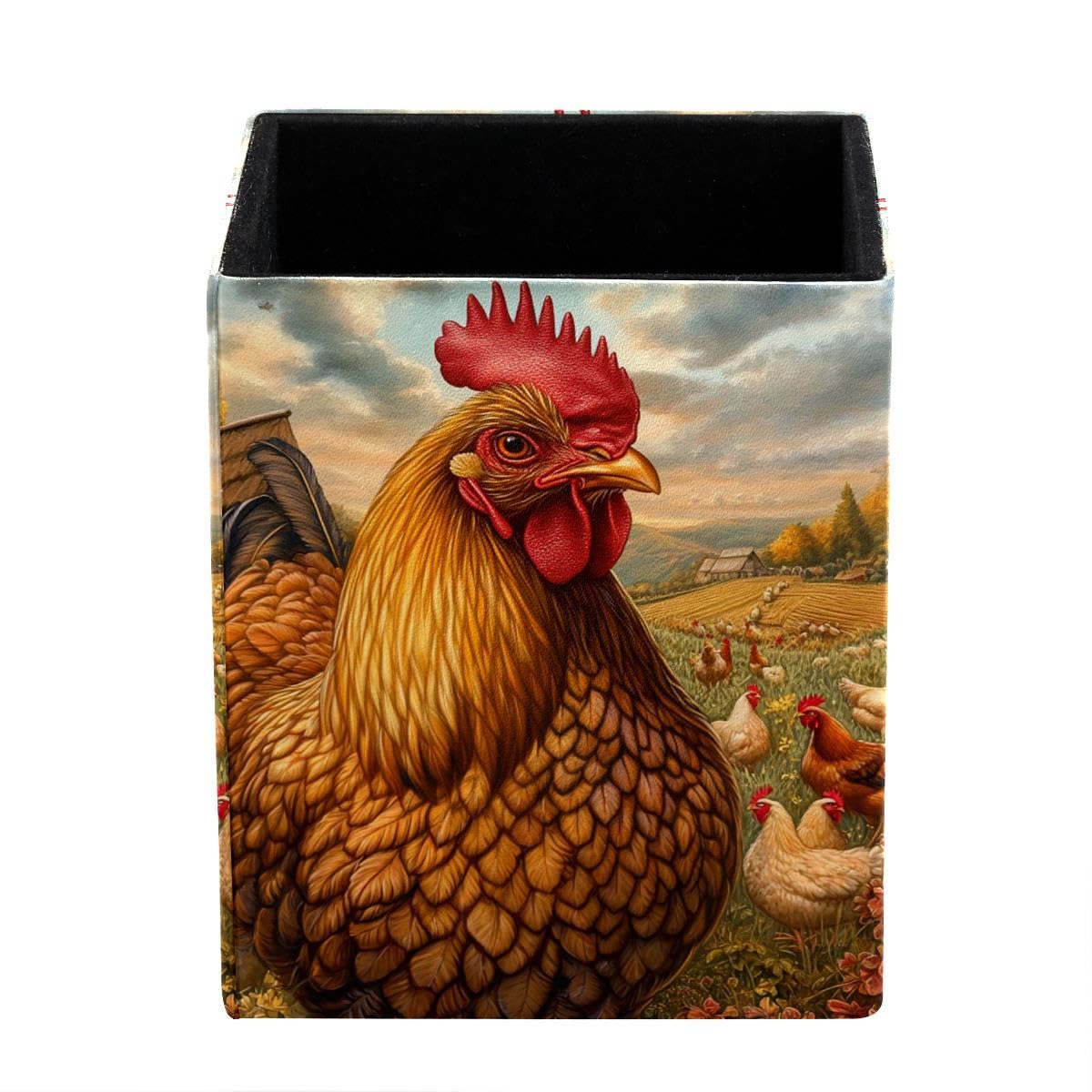 HEOEH Chicken Rooster Pen Holder Pen Pot, Square Pencil Cup for Desk