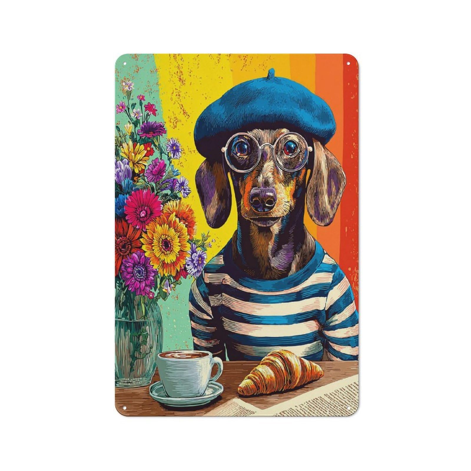 Junmoney Parisian Pooch A Whimsical Café Scene Simple Retro Metal Wall Plaque 30X20cm, Creative Space Decor For Office, Study, Studio Or Hallway