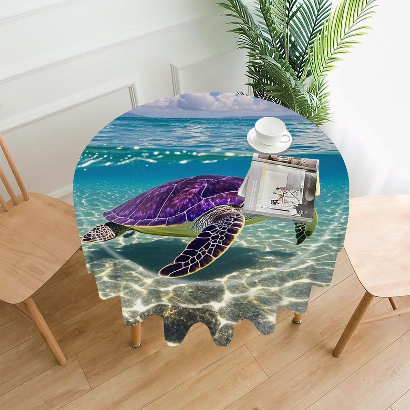 MUSM 60 Inch Hawaii with Purple Sea Turtle Round Tablecloth Wipeable Washable Table Cover for Kitchen and Dining Room Decorative Table Cloth for Party Holiday Picnic Outdoor