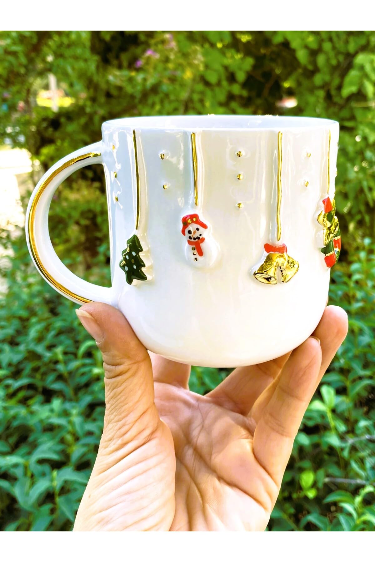 CW Celine's Wonders Premium Kalite 24 Ayar Altın Detaylı El Yapımı Christmas Mug 450 Ml Gold Handmade