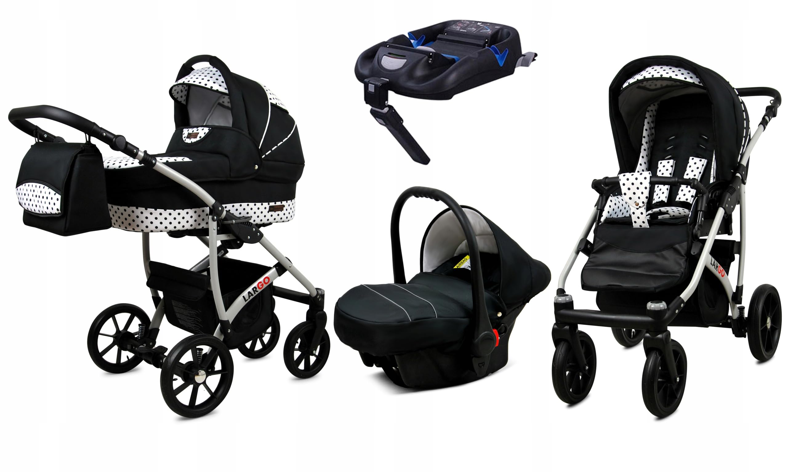 BabyLux Zestaw wózków dziecięcych 4 w 1 – Largo – w zestawie wanienka dla niemowląt, fotelik sportowy, fotelik samochodowy, stacja bazowa ISOFIX – fotelik samochodowy – zestaw wózków dziecięcych