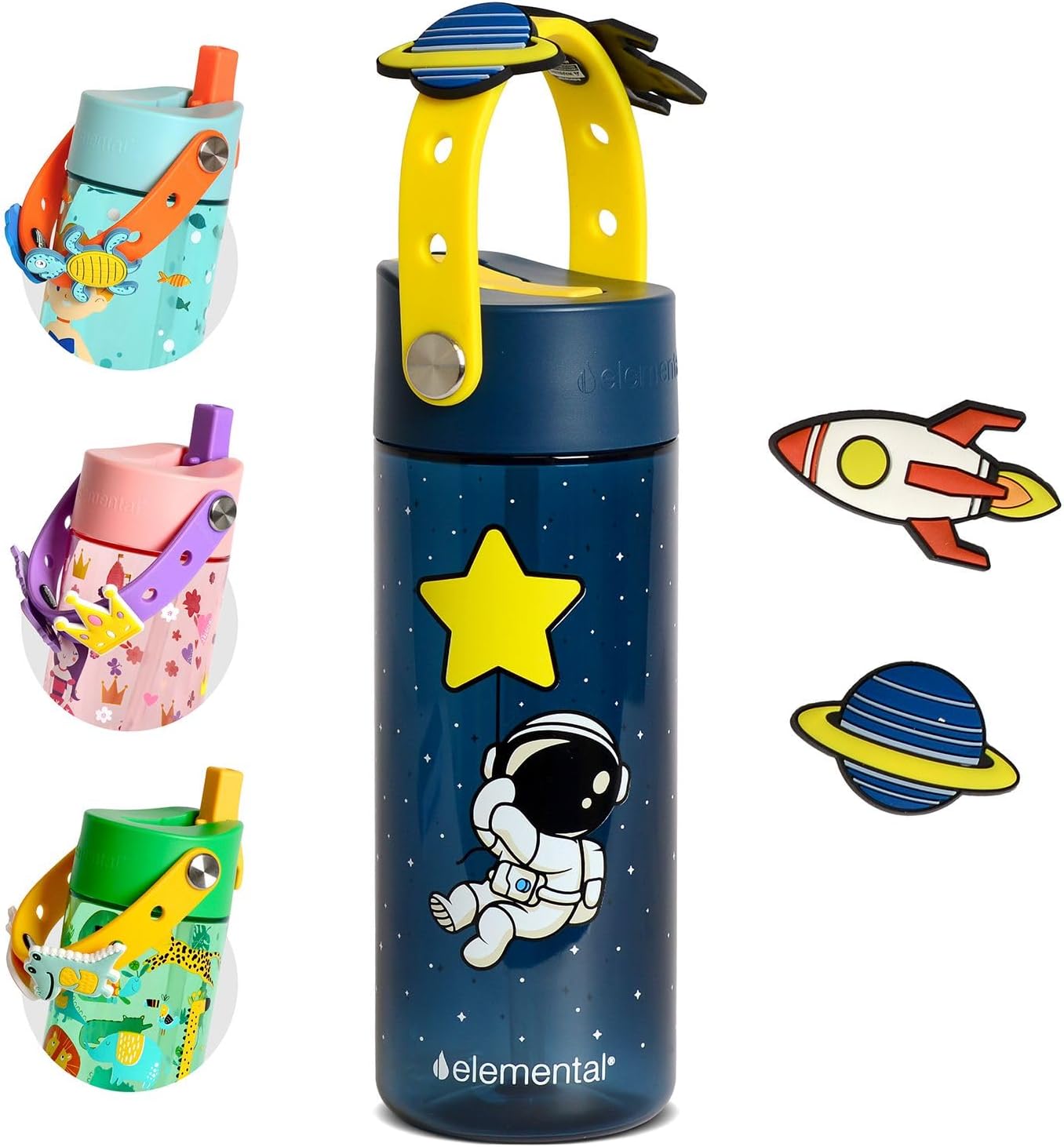 Elemental Water Bottles for Kids - Splash Kids Water Bottle for School with Fun Charm Handle - BPA Free Tritan Plastic Bottle with Straw Leak Proof When Spout is Closed - 18oz - Little Astronaut