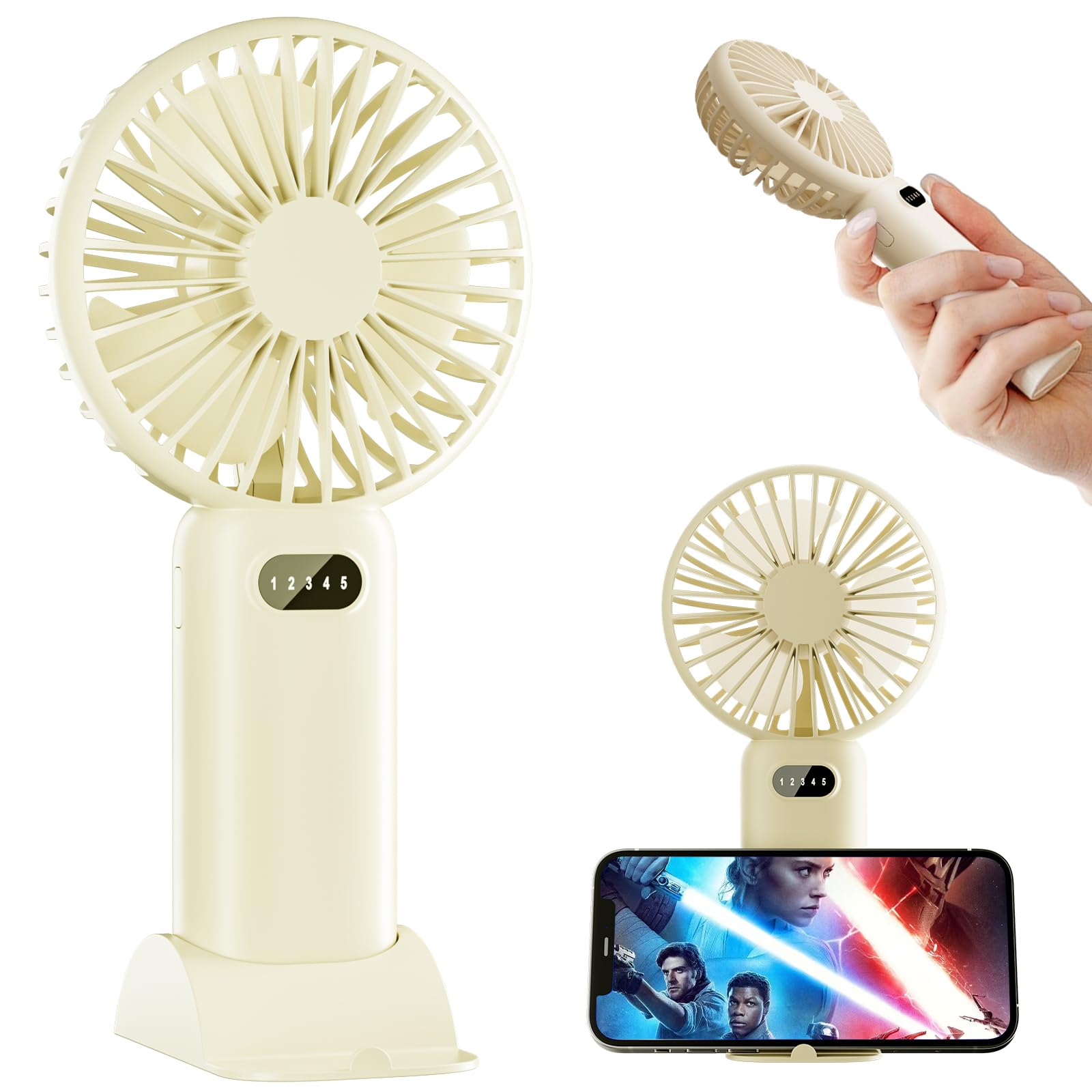 Portable Fan, Handheld Fan with LED Display, Personal Fan for 15 Hours Cooling, Small Fan with Powerful Airflow, Rechargeable Travel Fan for Outdoor Camping, Mini Fan with Phone Holder