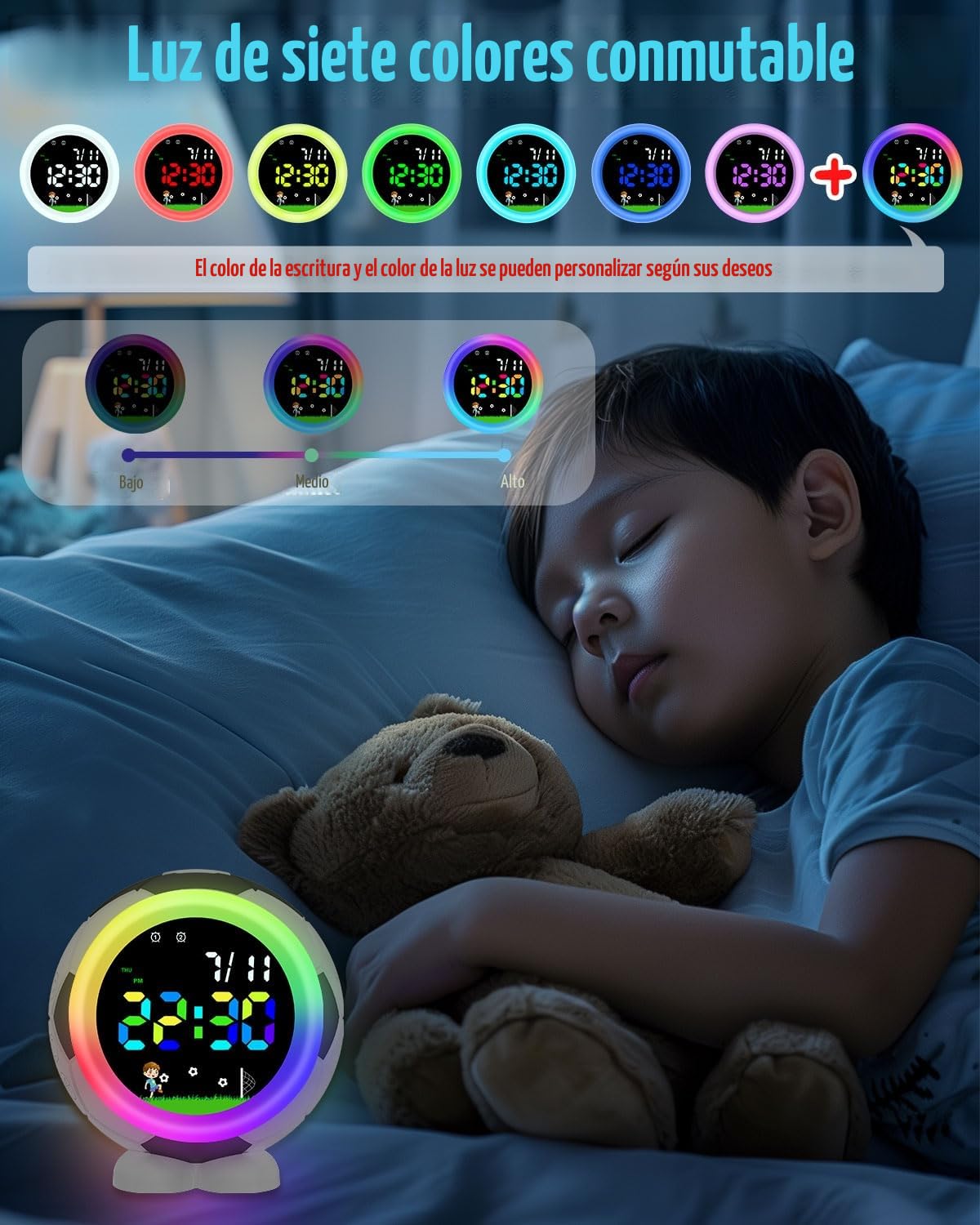 Fútbol Reloj Despertador Niño,Reloj Despertador Digital Infantil con Función Snooze, Luz Nocturna, 6 Tonos, Alarmas Dobles, Sistema 12/24 Horas