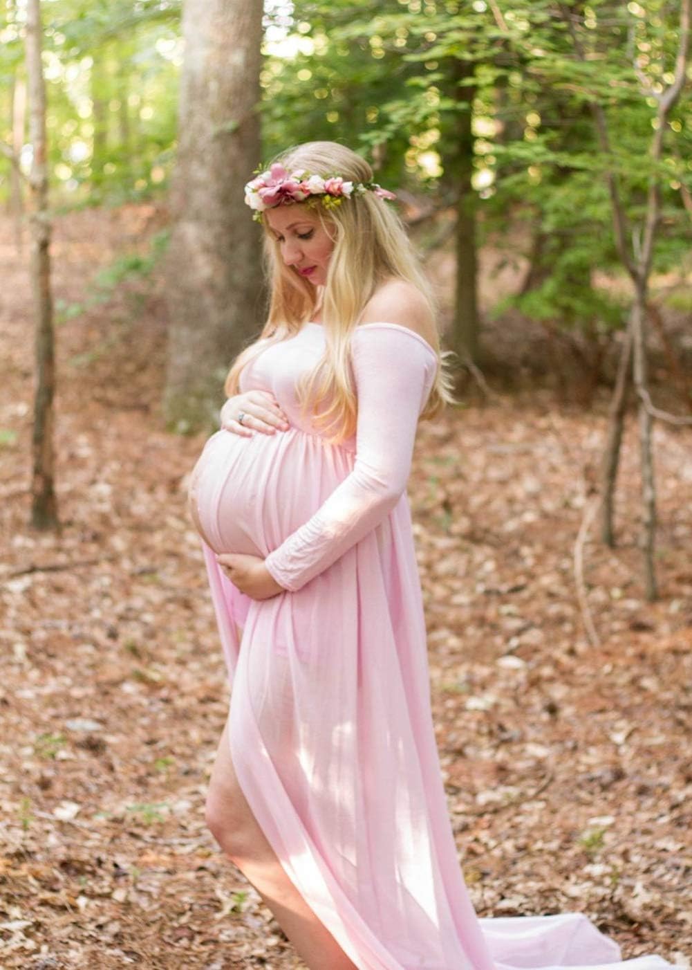 ZIUMUDY Maternity Maxi Chiffon Photography Dress Split Front Gown for Photoshoot - Image 2