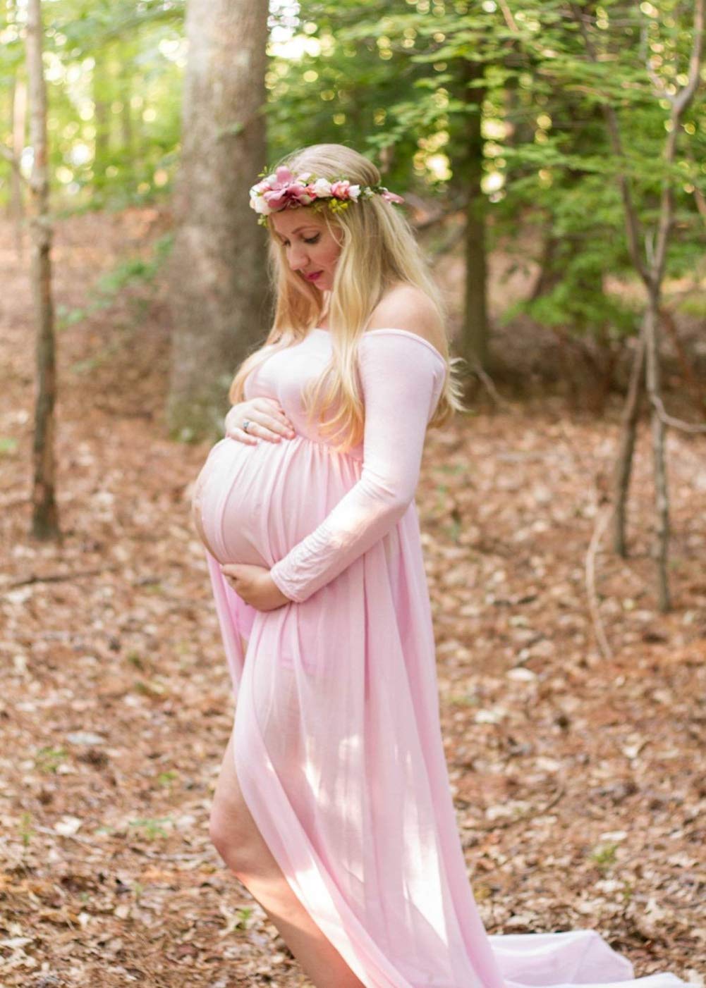 ZIUMUDY Umstands-Maxi-Chiffon-Foto-Kleid mit geteilter Vorderseite für Fotoshootings