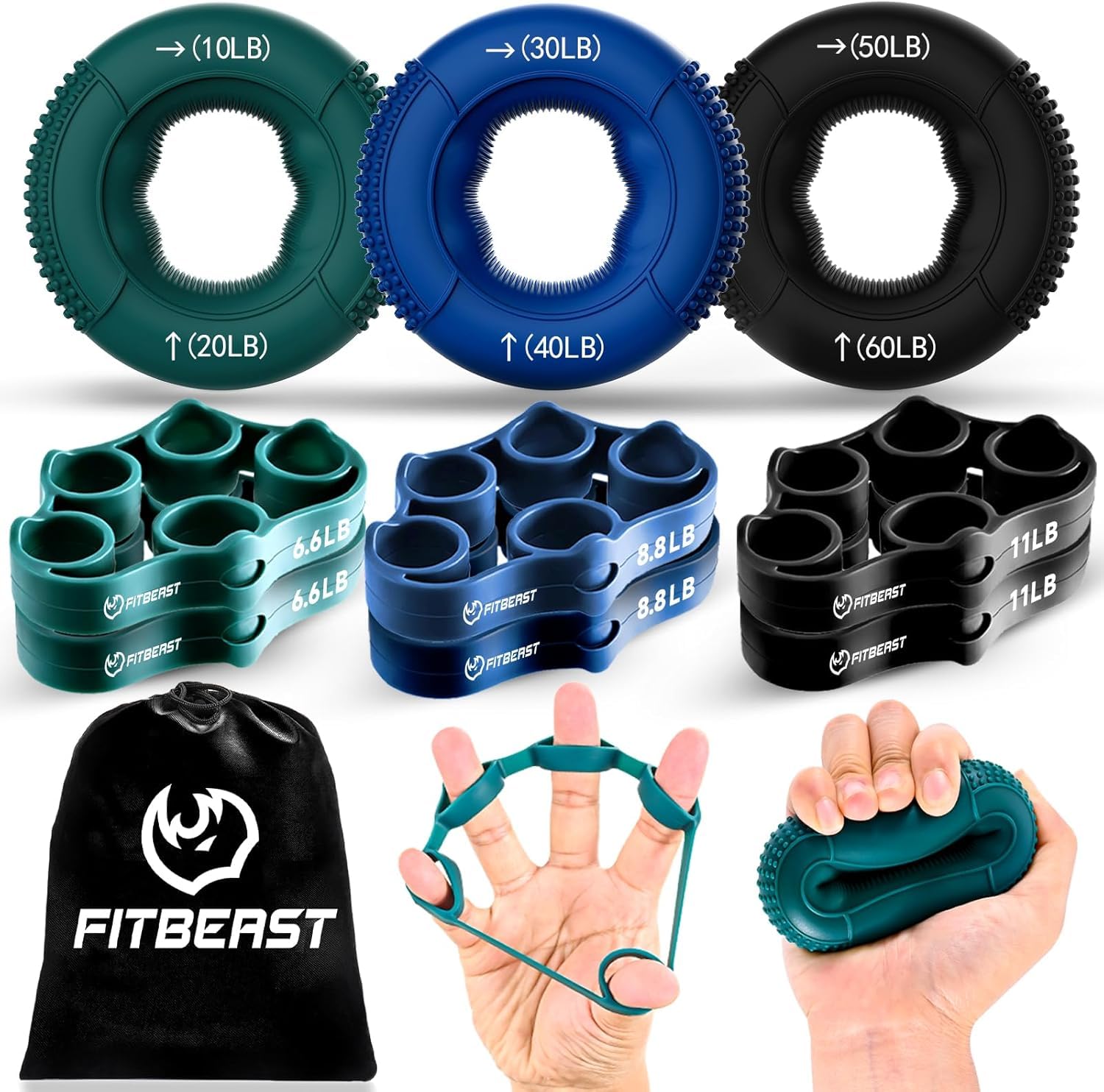 FitBeast Allenatore di Presa, Esercitatore per Dita, Rinforzatore per Avambraccio Kit - 9 Pezzi, Rinforzatore di Presa della Mano per Forza Mirata, Sollievo & Recupero
