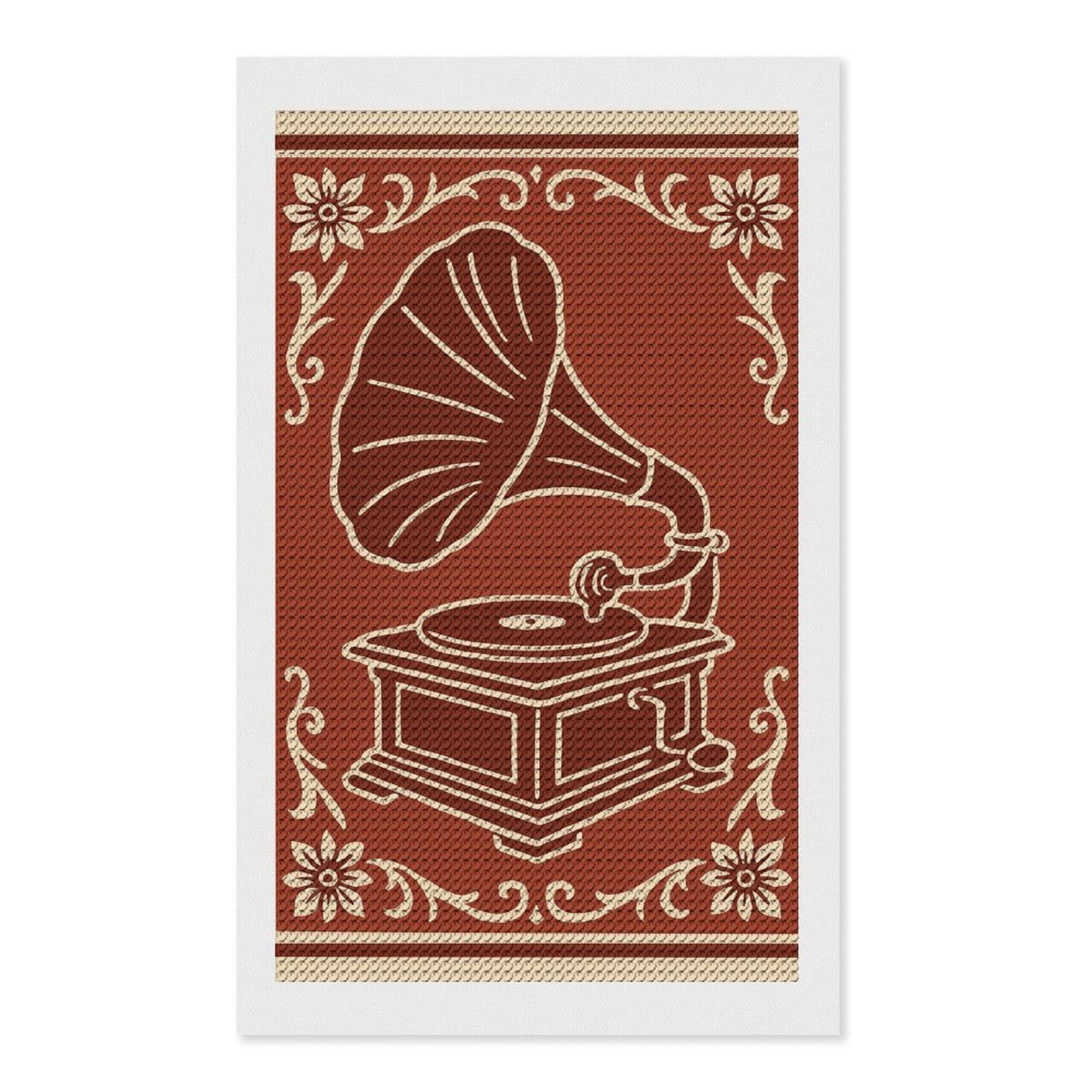Junmoney Vintage Gramophone Art Deco Illustration Diamond Painting Canvas Set 12"x20", Easy to Enjoy, Adhesive Canvas, Office Decor, Holiday Gift Idea, with Tool Kit