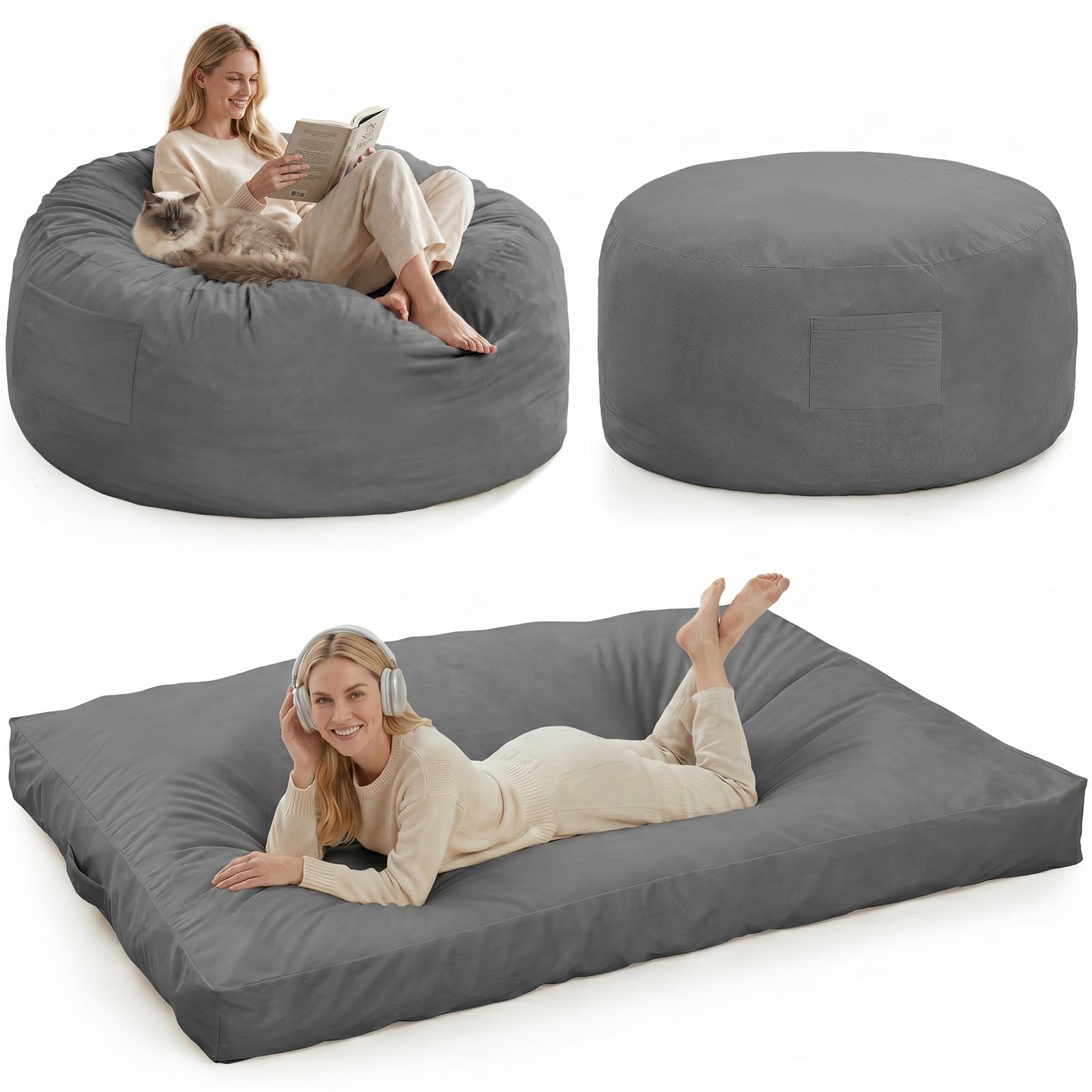 Pouf Lit Convertible en Velours Côtelé, Transformable en Matelas d’Appoint Ultra Confortable, Pouf Salon 3 en 1, Pouf Chambre Utilisable en Futon Matelas de Sol, Gris