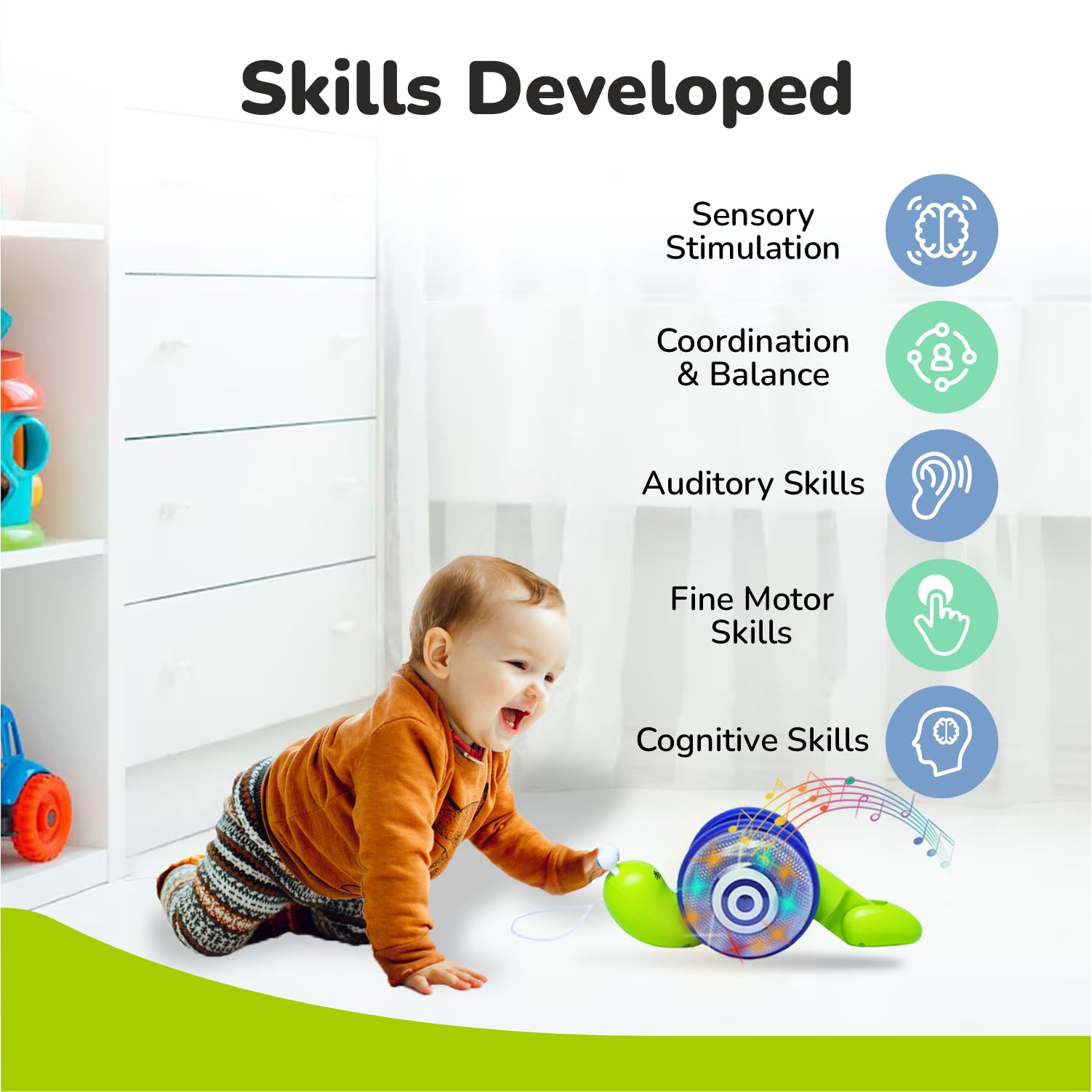 R for Rabbit Orapple Snail Tune Musical Pull-Along Toy for Baby |Lights, Music & Smooth Wheels | Safe Design Injury-Free Edges | Enhances Sensory, Auditory & Motor Skills 12+ Months Kids (Green Blue) 3
