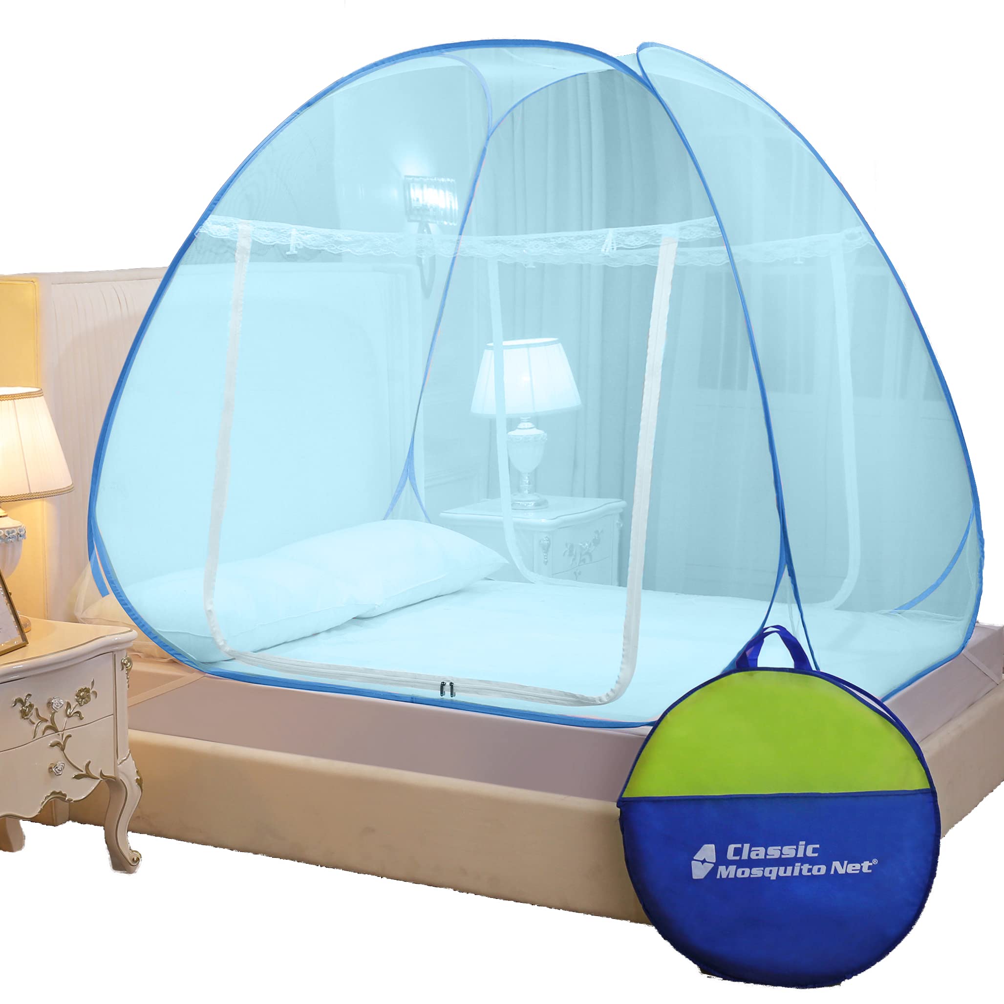 Classic Mosquito Netfor Double Bed | King Size Foldable Machardani | Polyester 30GSM Strong Net | PVC Coated Corrosion Resistant Steel Wire - Full Blue