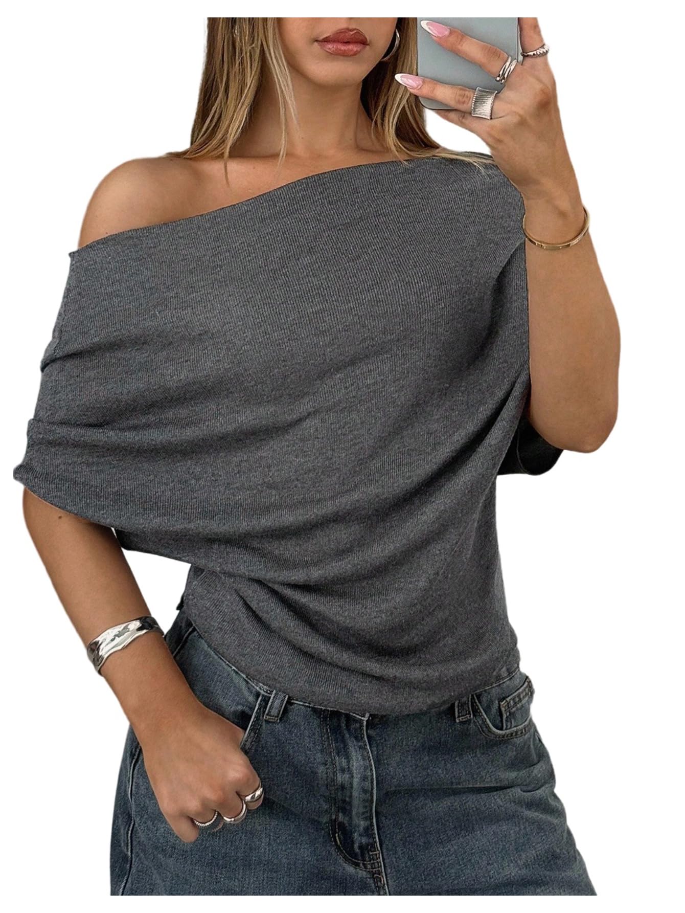 Women's Off The Shoulder Sweaters Short Sleeve Pullover Causal Knit Tops-image-24