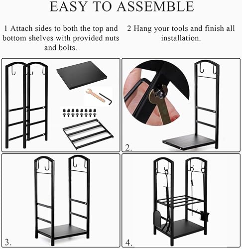 Miniatura 5 de Cididu Estante de leña con herramientas para chimenea, soporte de madera para chimenea de 2 niveles para interiores y exteriores, juego de