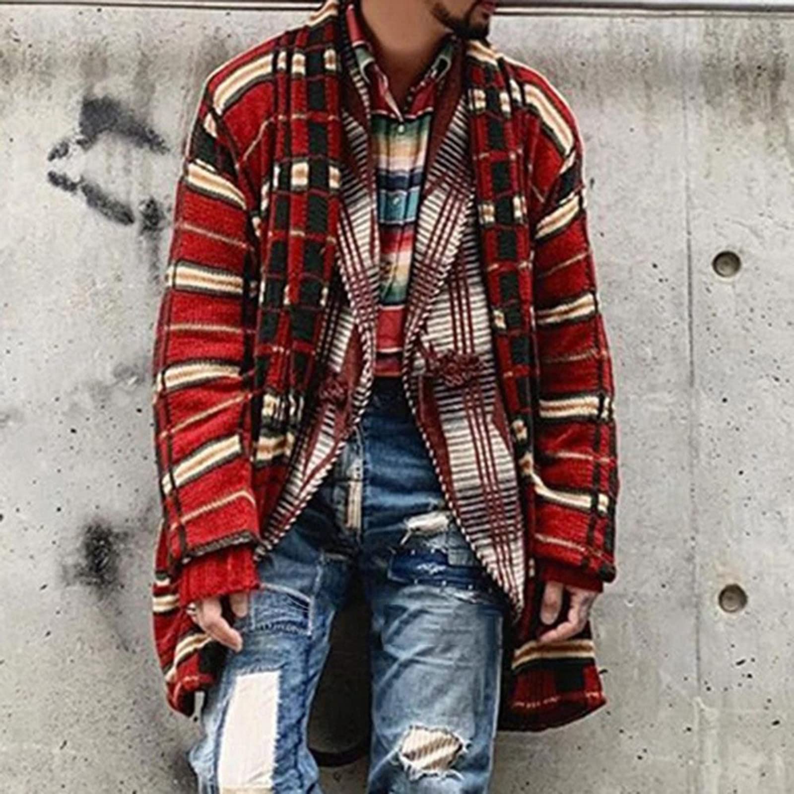 Cárdigan de Punto a Cuadros a la Moda para Hombre Chaqueta de suéter de Gran tamaño Suelta Larga