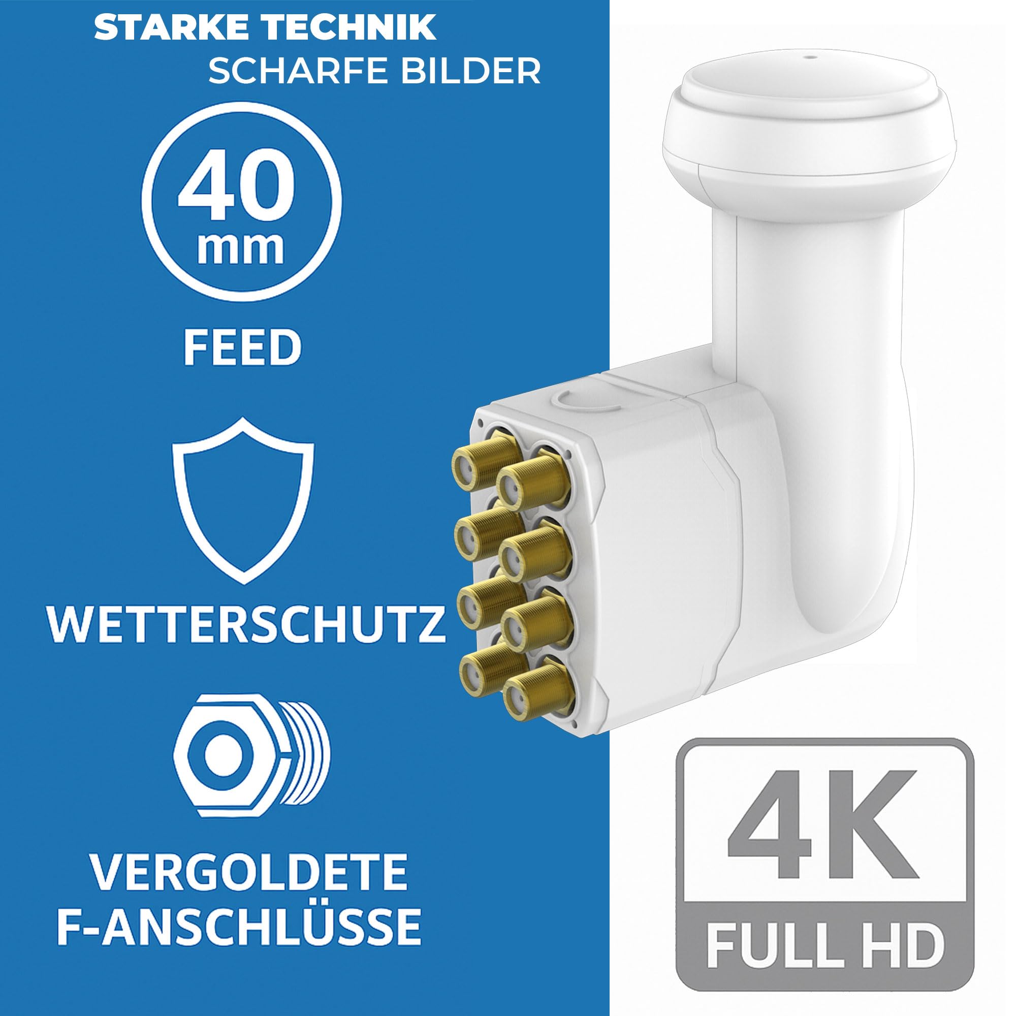 Premium X Octo LNB Collegamento Diretto Bianco 8 utenti Ricevitore Convertitore di Segnale TV satellitare HD 4K incl. 16x F-Plug in Oro con Anello di Tenuta