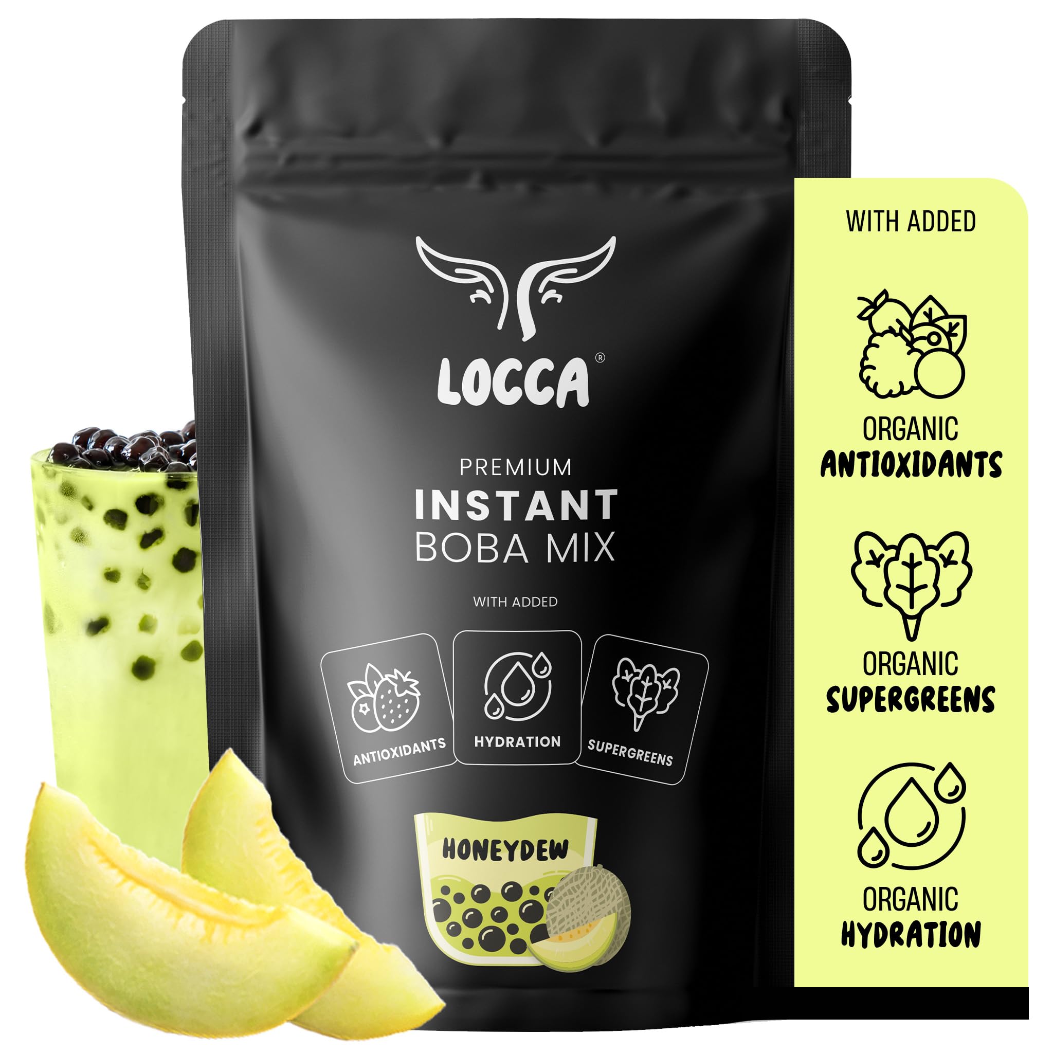 Premium Honeydew Milk Tea Powder | Locca Honeydew Milk Tea Mix | Instant Boba Milk Tea with Authentic Honeydew Flavor with added Organic Supergreens Antioxidants for Popping Boba (19.75oz)