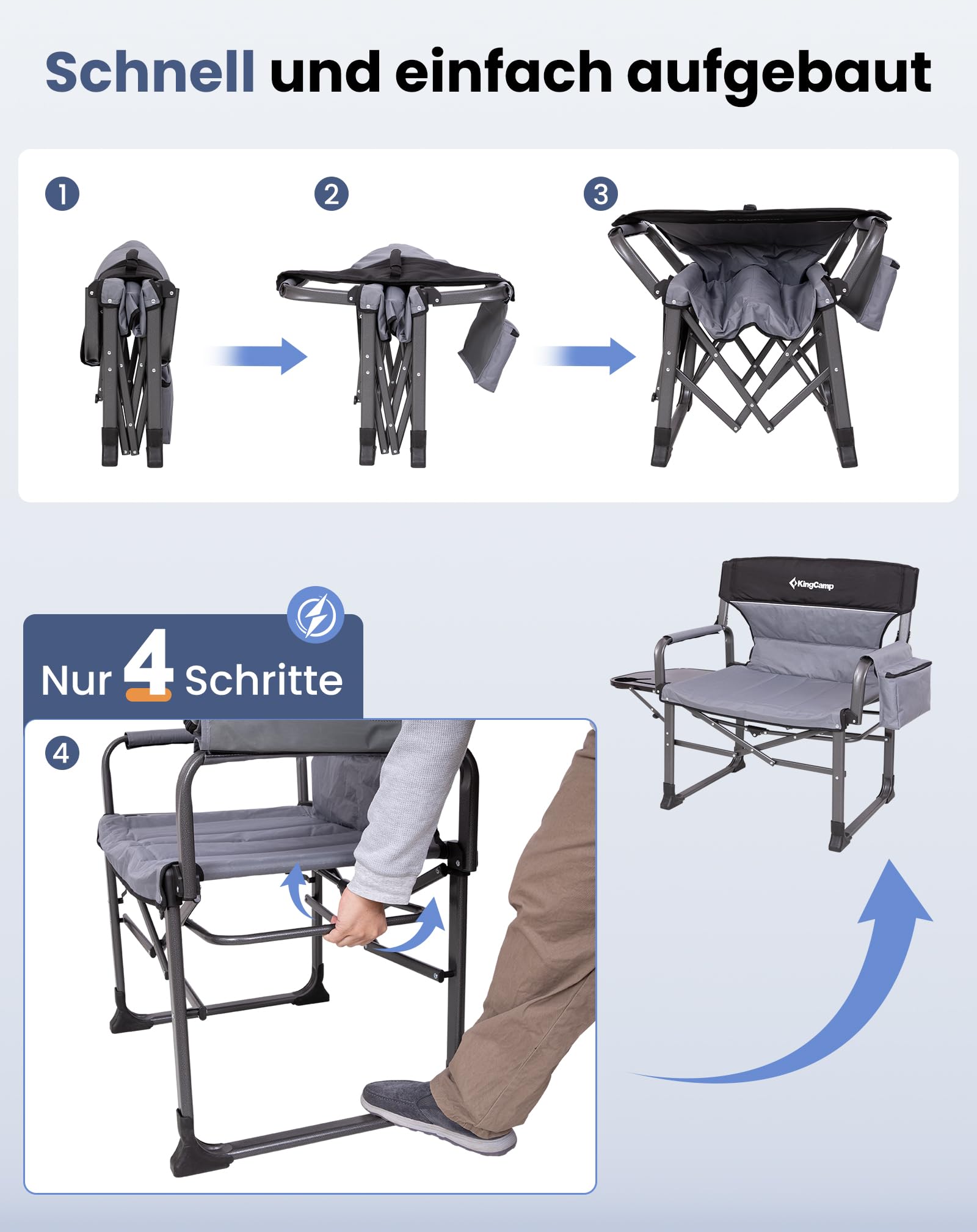 KingCamp XXL Regiestuhl Klappbar mit Extra Breit 80cm Sitzfläche bis 250 kg | Campingstuhl Faltbar mit Seitentisch & Kühltasche, Kompaktes Packmaß, Robuster Tragbarer Angelstuhl für Camping Picknick