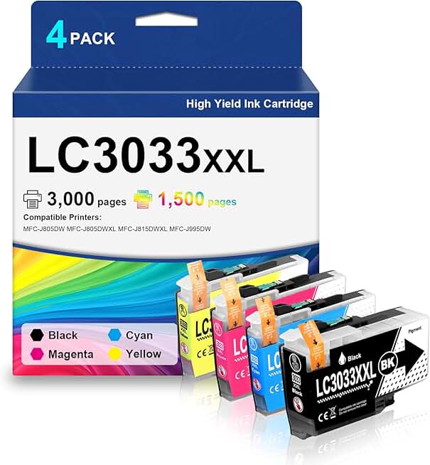 LC3033 LC3033XXL Super High Yield LC 3033 Color INKvestment Tank Ink Cartridge Use with Brother MFC-J805DW MFC-J805DWXL MFC-J815DWXL MFC-J995DW MFC-J995DWXL,Black,Cyan,Magenta,Yellow