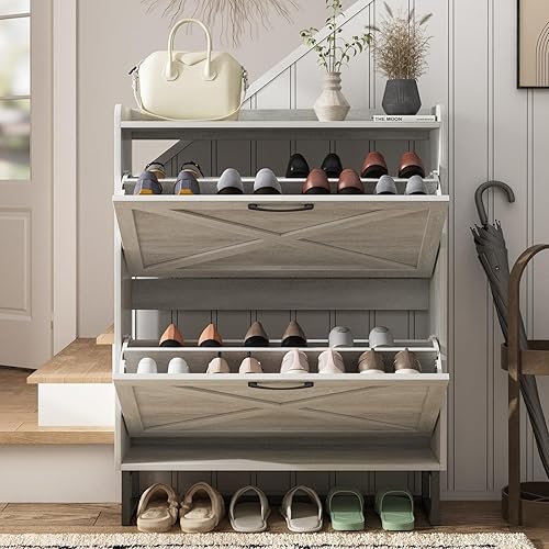Miniatura 10 de Maupvit Armario grande para zapatos con 4 cajones abatibles, organizador de zapatos independiente con soporte de cajón de metal, armario de