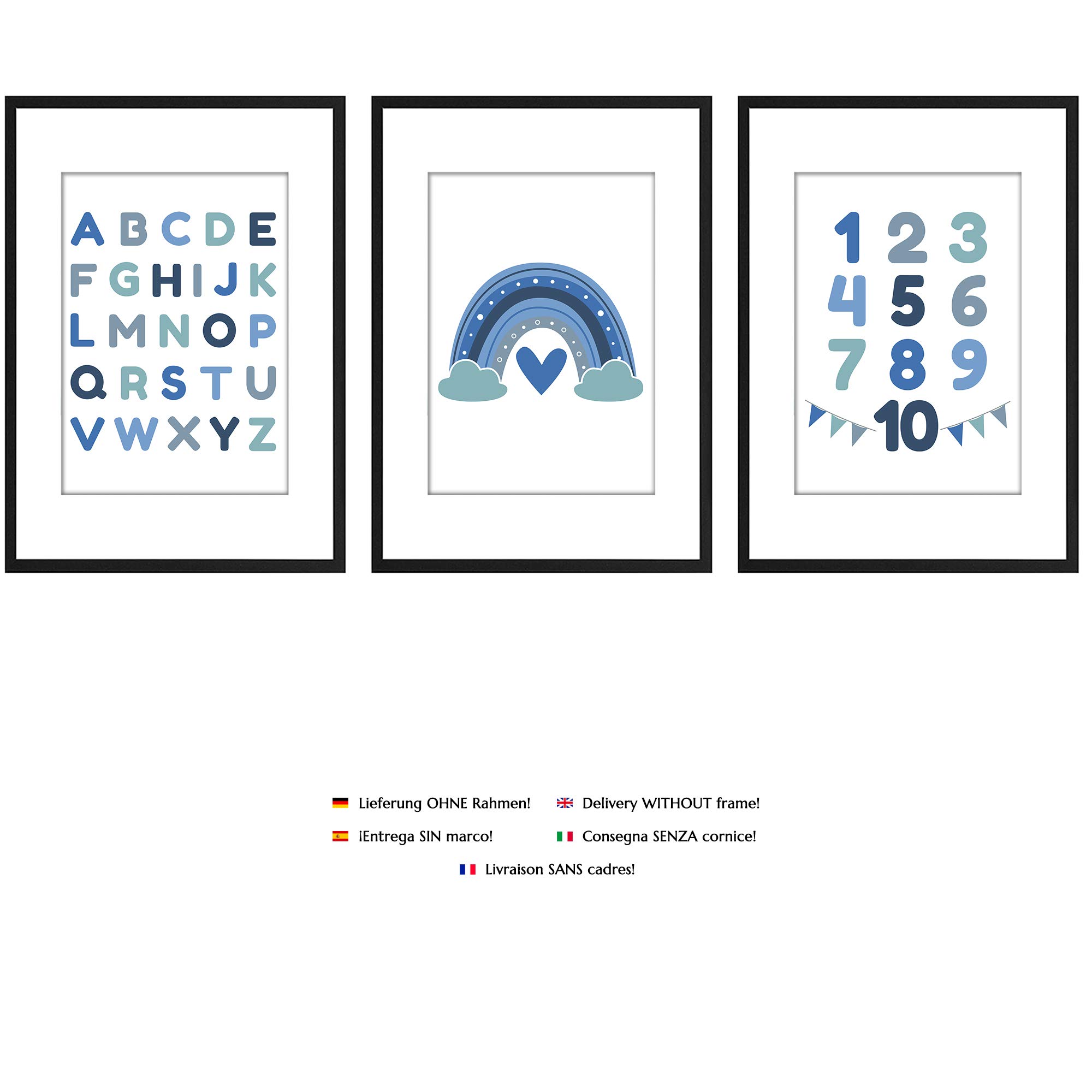 PREMYO 3 Plakat Dekoracja ściany - Dekoracja pokoju dziecięcego chłopca - Alfabet ABC Tęcza Niebieski Gruby Papier A4
