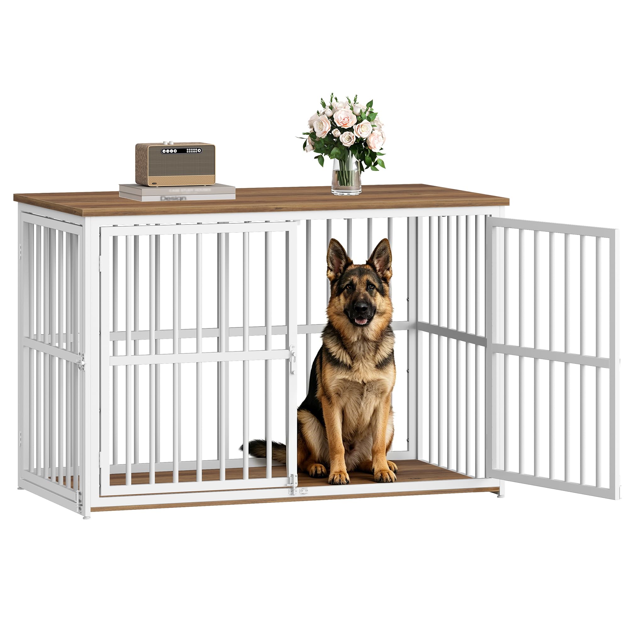 Fobyfurny Dog Crate Furniture, 120cm 3-Door, Rustic Brown & White