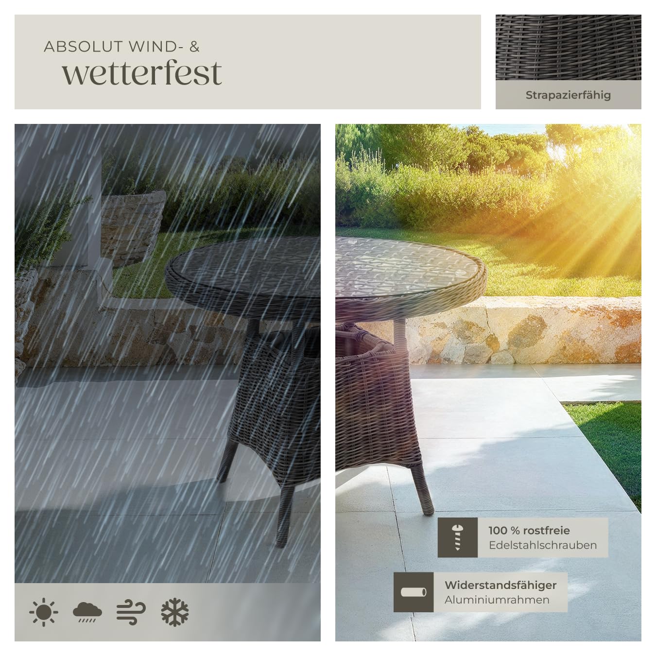 tectake 800817 Alu Gartentisch mit hochwertigem Polyrattan Geflecht, Tischplatte aus Sicherheitsglas, Outdoor Beistelltisch für Garten, Terrasse und Balkon, rund (Grau | Nr. 403680)