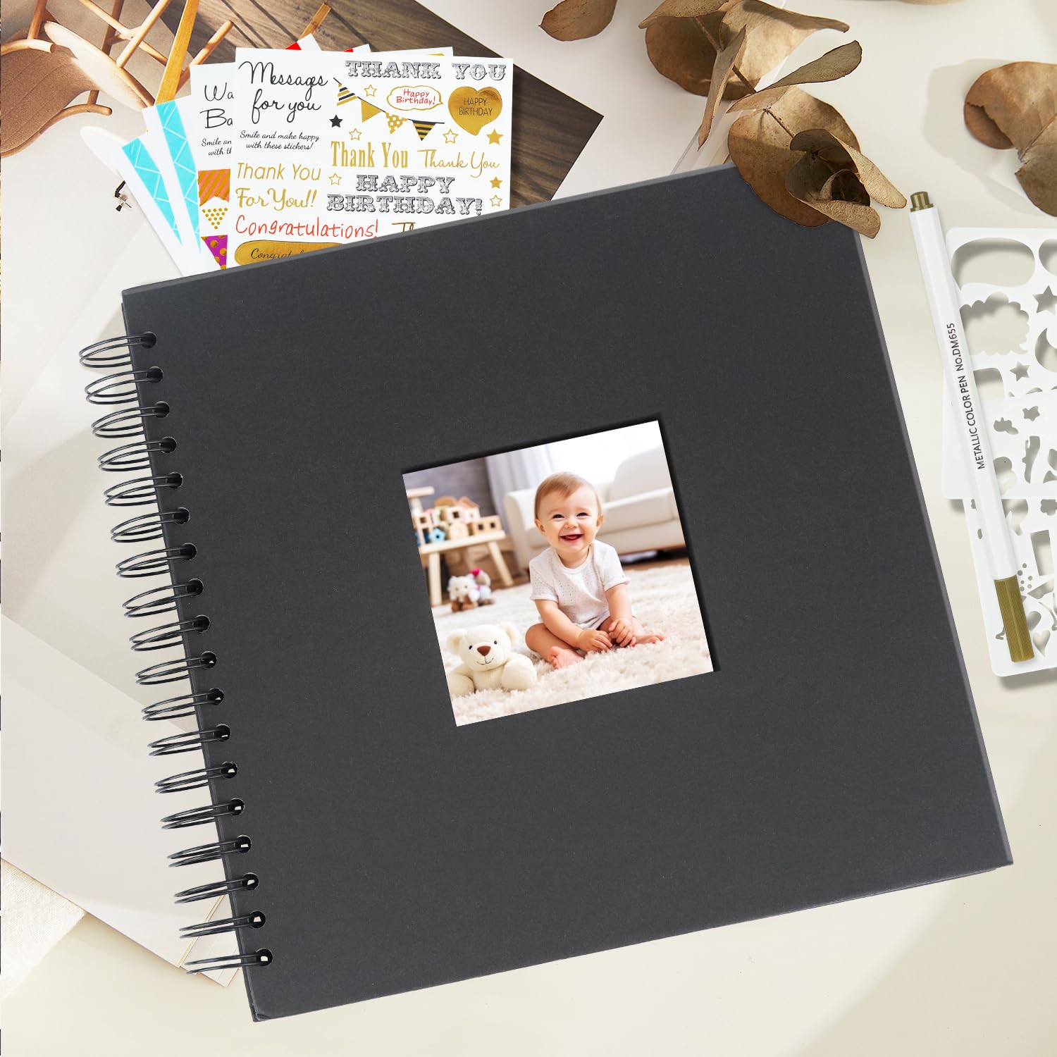 Miaikoe 20.5x20.5 cm DIY Scrapbook Album with Window Hardcover Kraft Blank Paper Scrap Book with 40 Sheets Photo Album for Guest Book Family Wedding Anniversary (Black) - Image 2