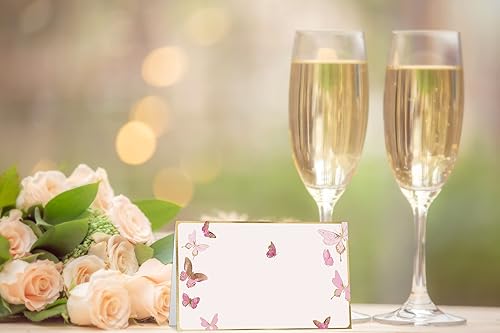 Miniatura 5 de Tarjetas de lugar de fiesta de mariposa rosada, editables, estilo tienda de campaña para bodas, novias y baby shower, fácil de plegar, paquete de 25