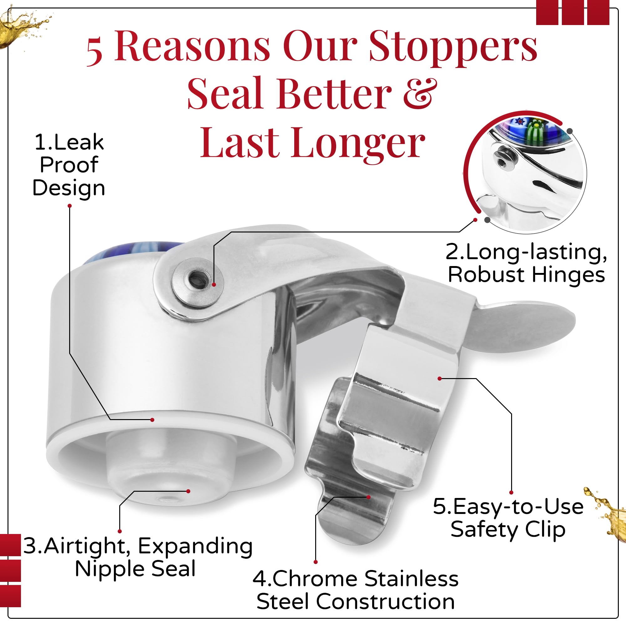 Wine Stopper & Champagne Stopper All In One - Patented Seal, Preserves Bubbles & Taste for Prosecco, Cava, and Wine – 1 Pro Grade Chrome Evan James Bottle Stopper With Hanging Gift Box