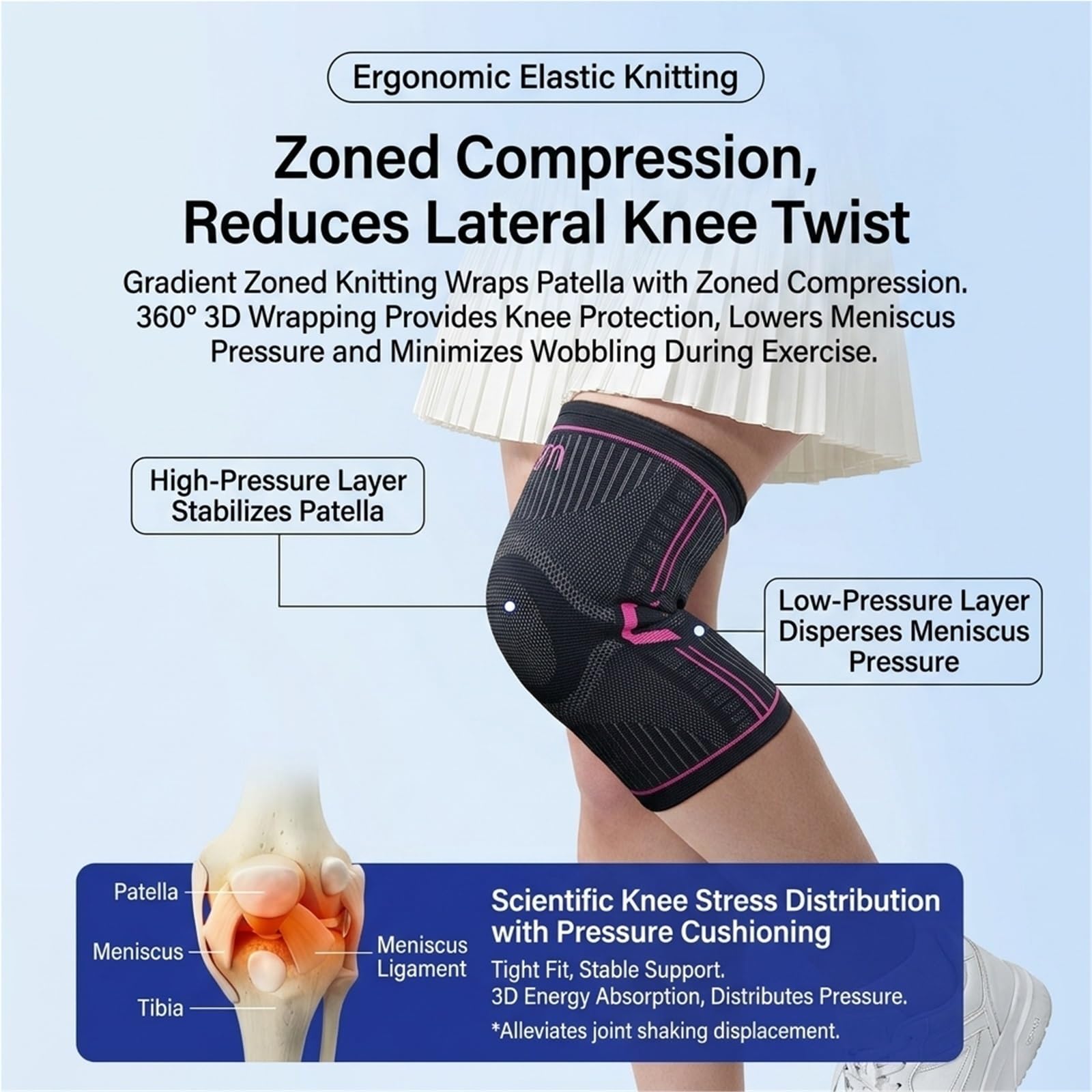Genouillères de sport pour la course à pied, la corde à sauter et la musculation ; soutien du ménisque, stabilisateur de rotule, genouillère de compression respirante pour femmes et hommes, idéal