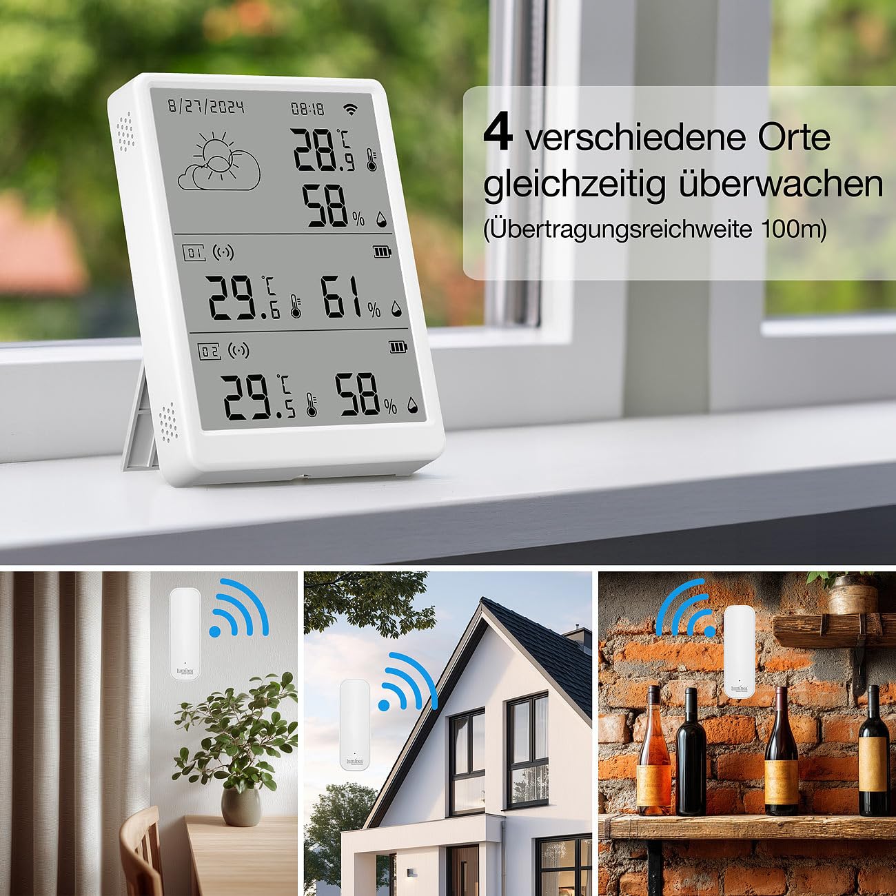 Luminea Home Control Datenlogger: WLAN-Temperatur- & Luftfeuchtigkeits-Set mit Display, 5 Sensoren (Thermometer Hygrometer Uhr, WiFi-Hygrometer-Thermometer-Sensor, WC)