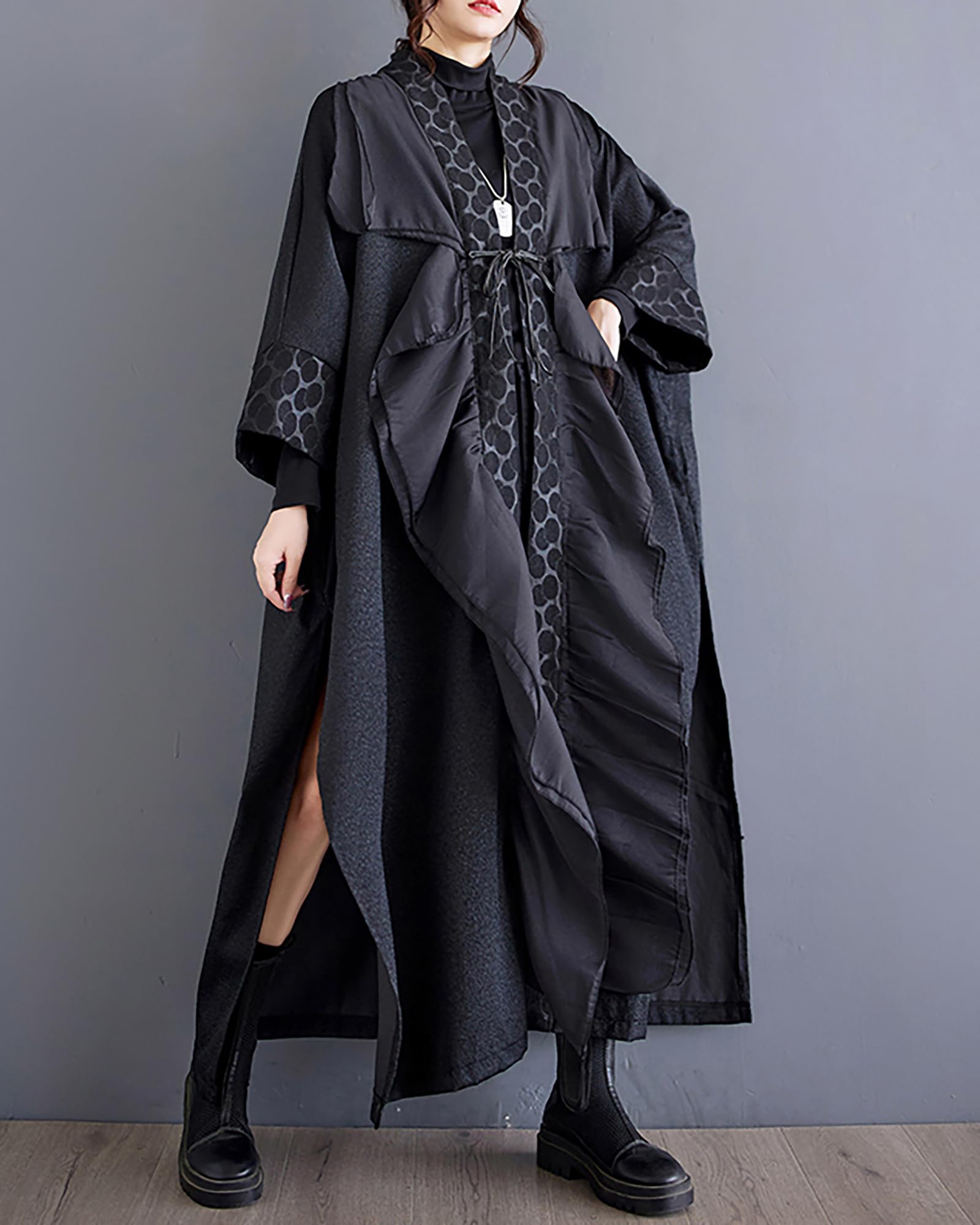 ellazhu Damenmantel Einfarbig Schwarz Langarm Split Flowy Saum Oversize Länge bis zum Knöchel Lockerer Herbst GZ271 A